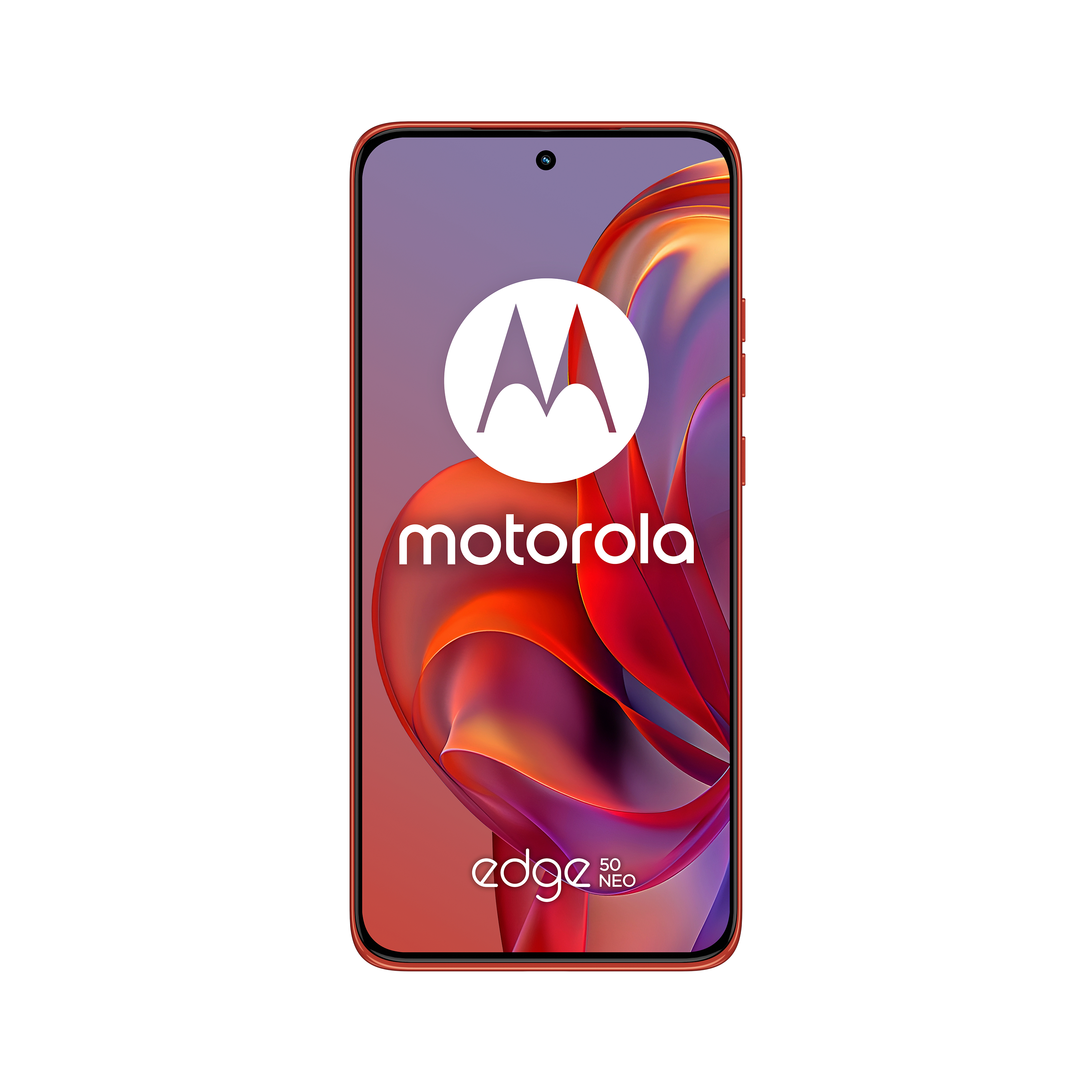 Ein rotes Motorola Edge 5G Neo Smartphone mit zentriertem Logo.