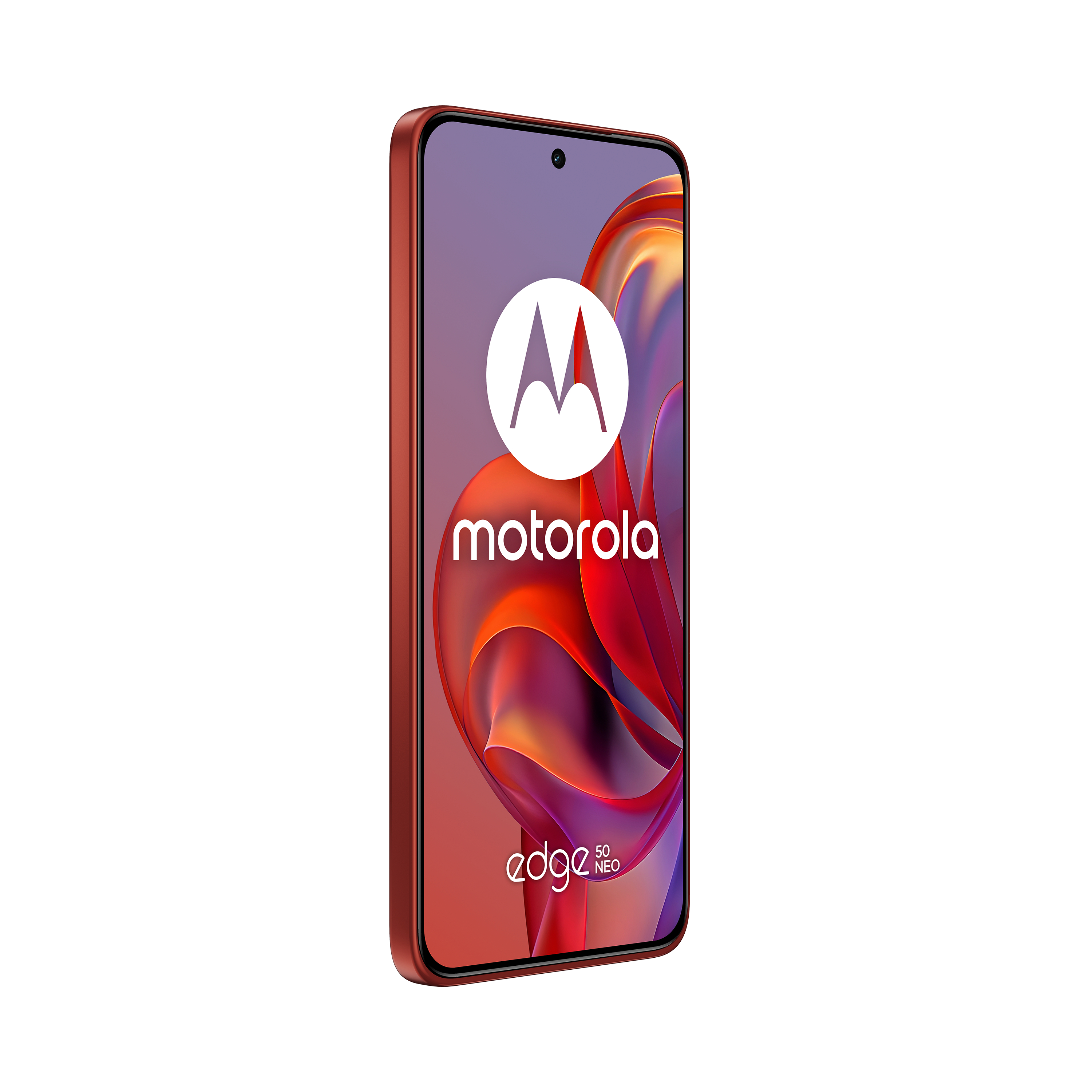 Rotes Smartphone mit Motorola-Logo, zeigt Display.