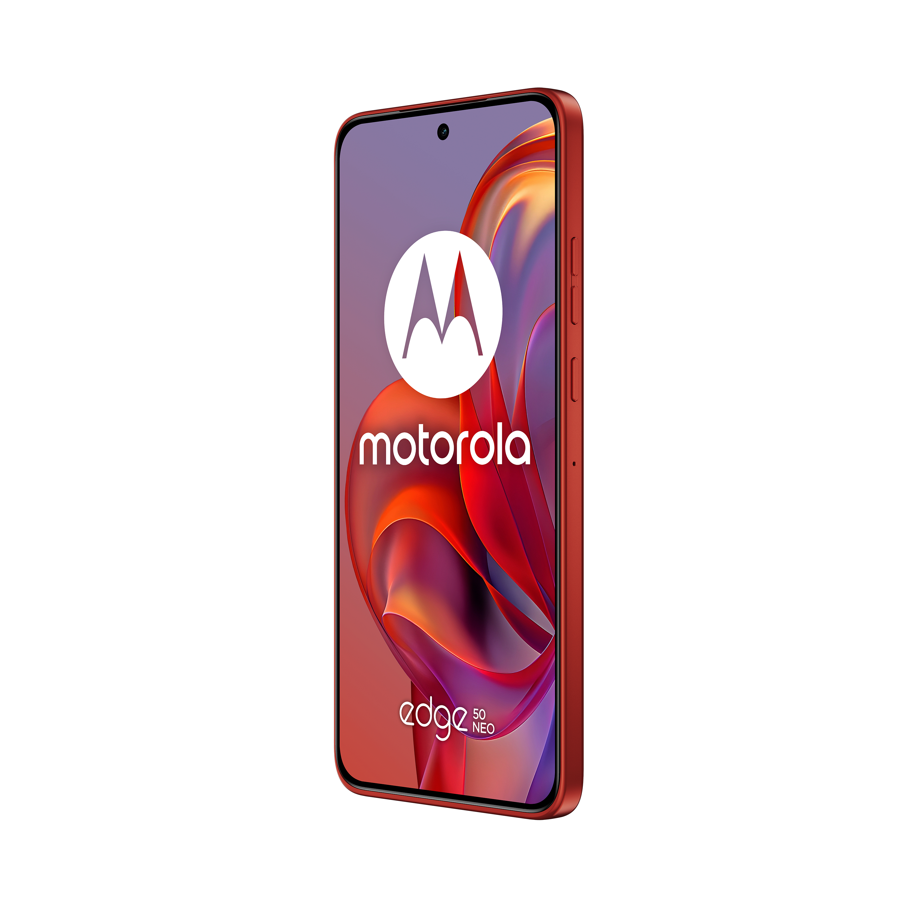 Rotes Motorola Edge 50 Neo Smartphone mit dem Markenlogo auf dem Bildschirm.