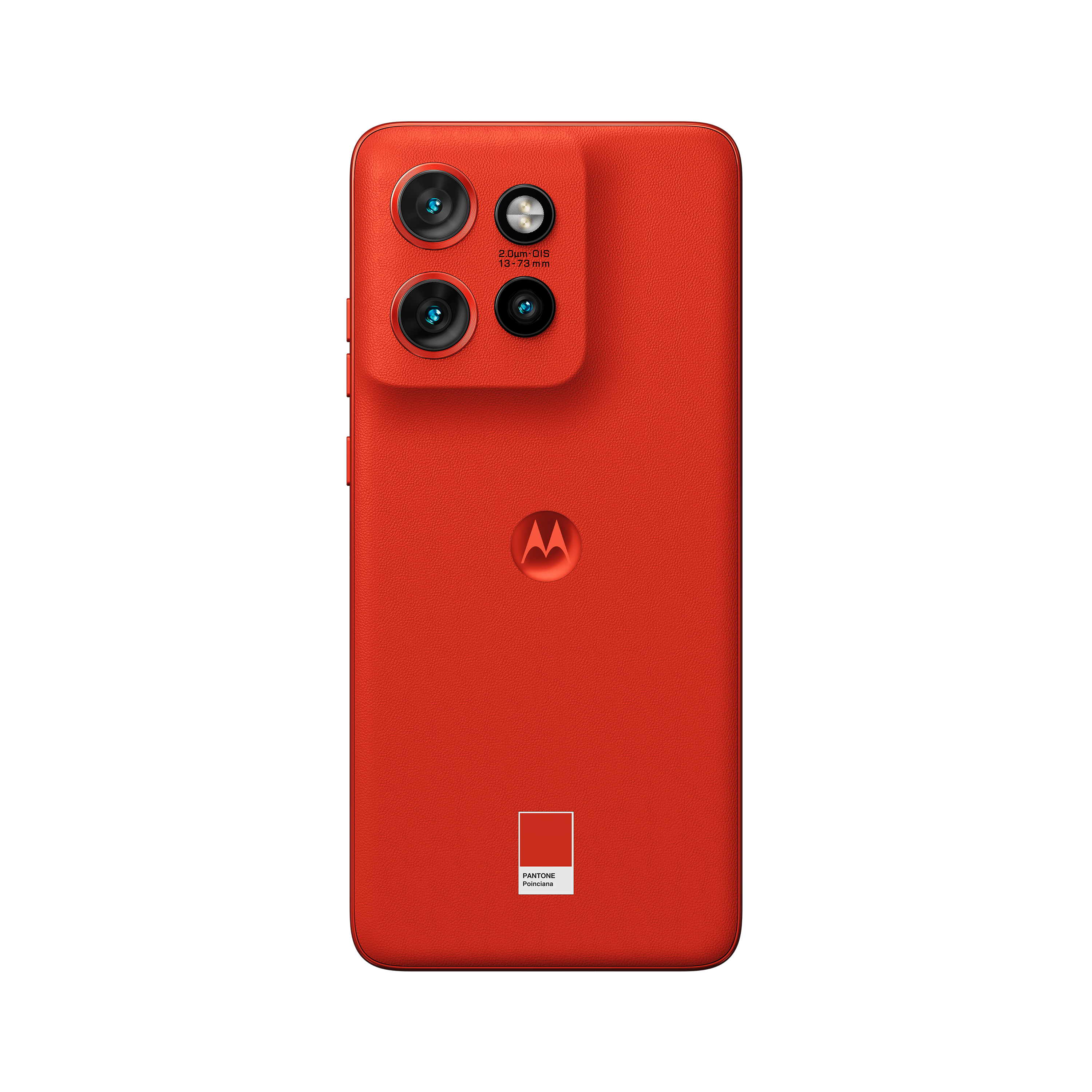 Rotes Smartphone, Rückansicht, mit mehreren Kameras und einem Logo.