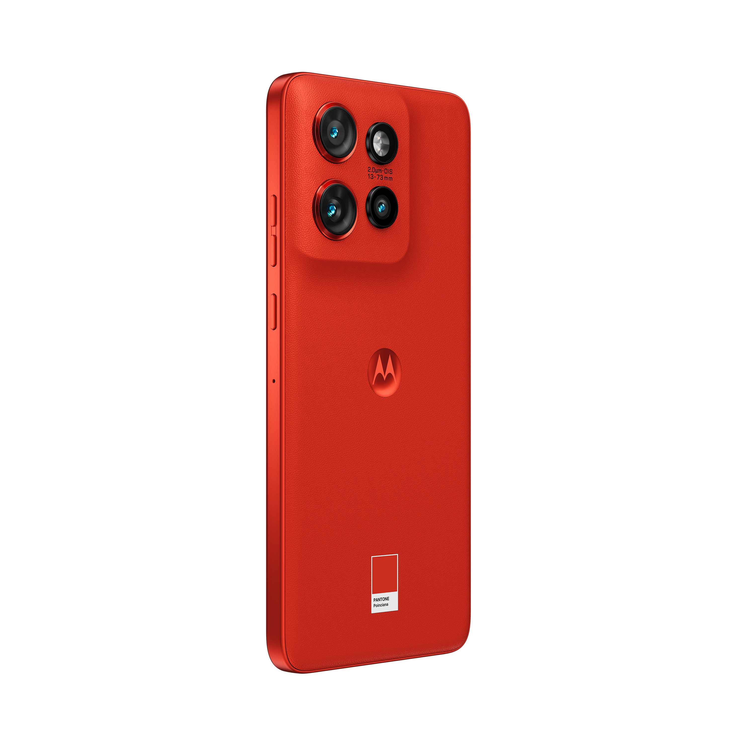 Rotes Smartphone, abgewinkelte Rückansicht, zeigt Kameras und Logo.