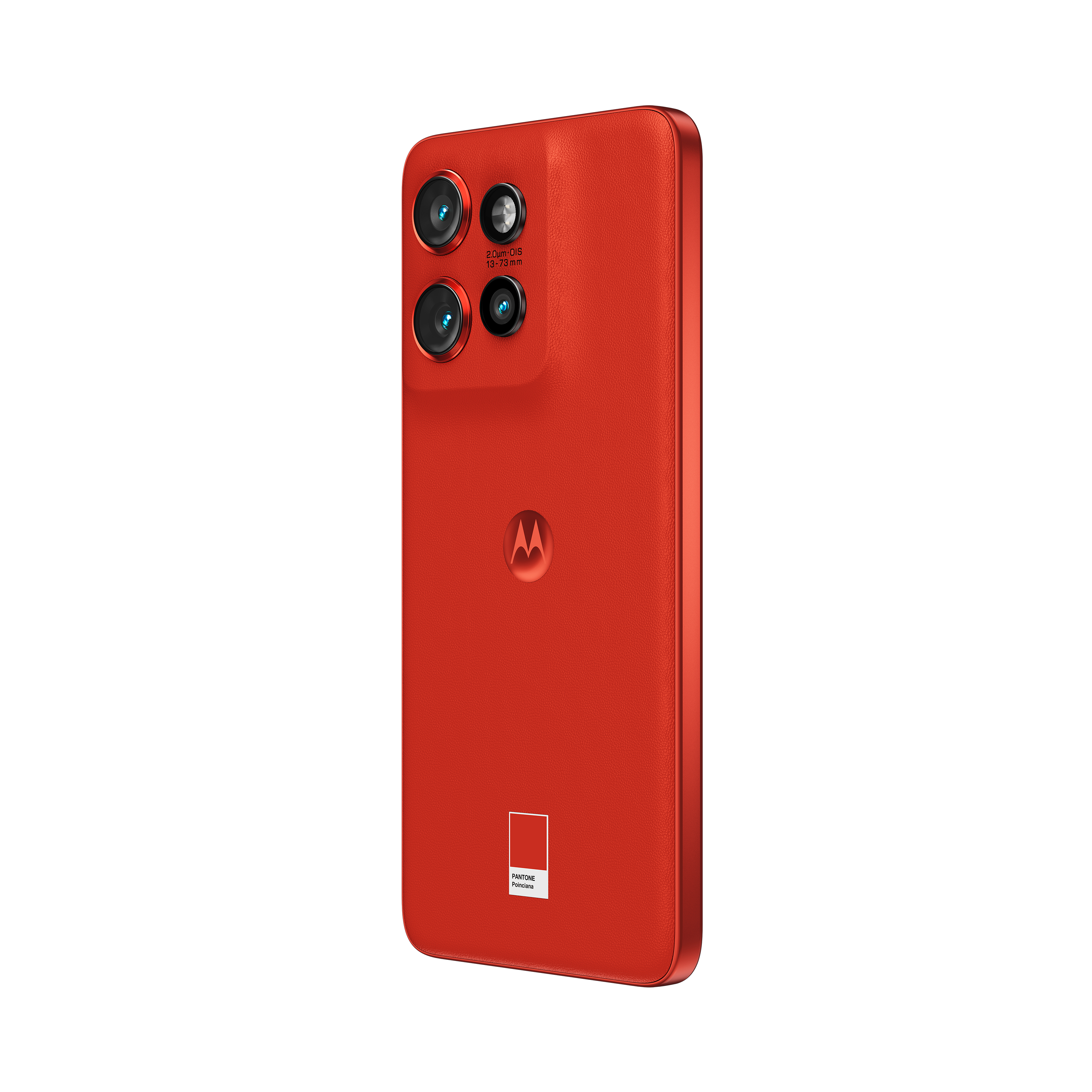 Rückansicht des roten Smartphones mit Motorola-Logo und Kameralinsen.