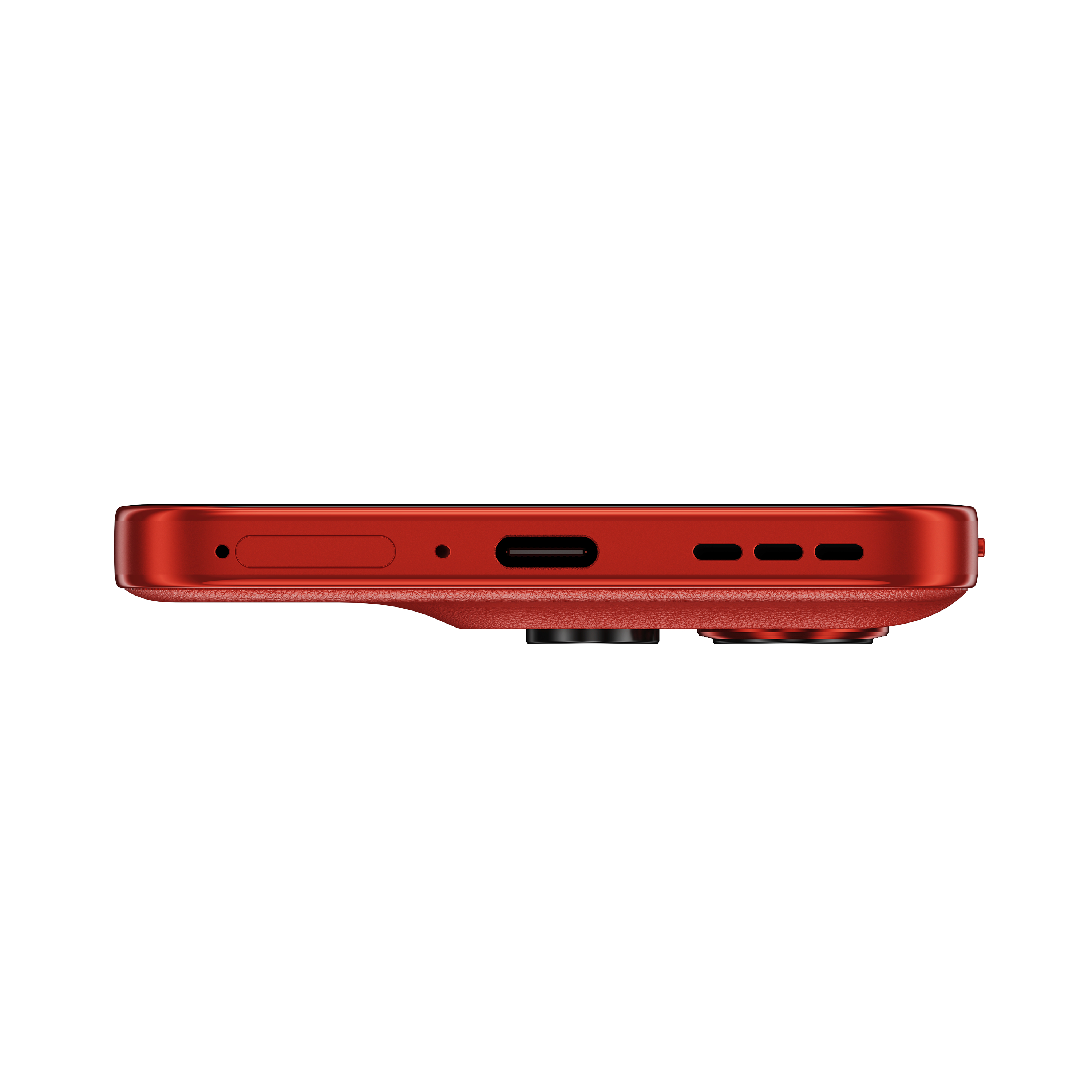Ein rotes Telefon von unten gesehen. Es hat eine Kamera, einen Ladeanschluss und Tasten.