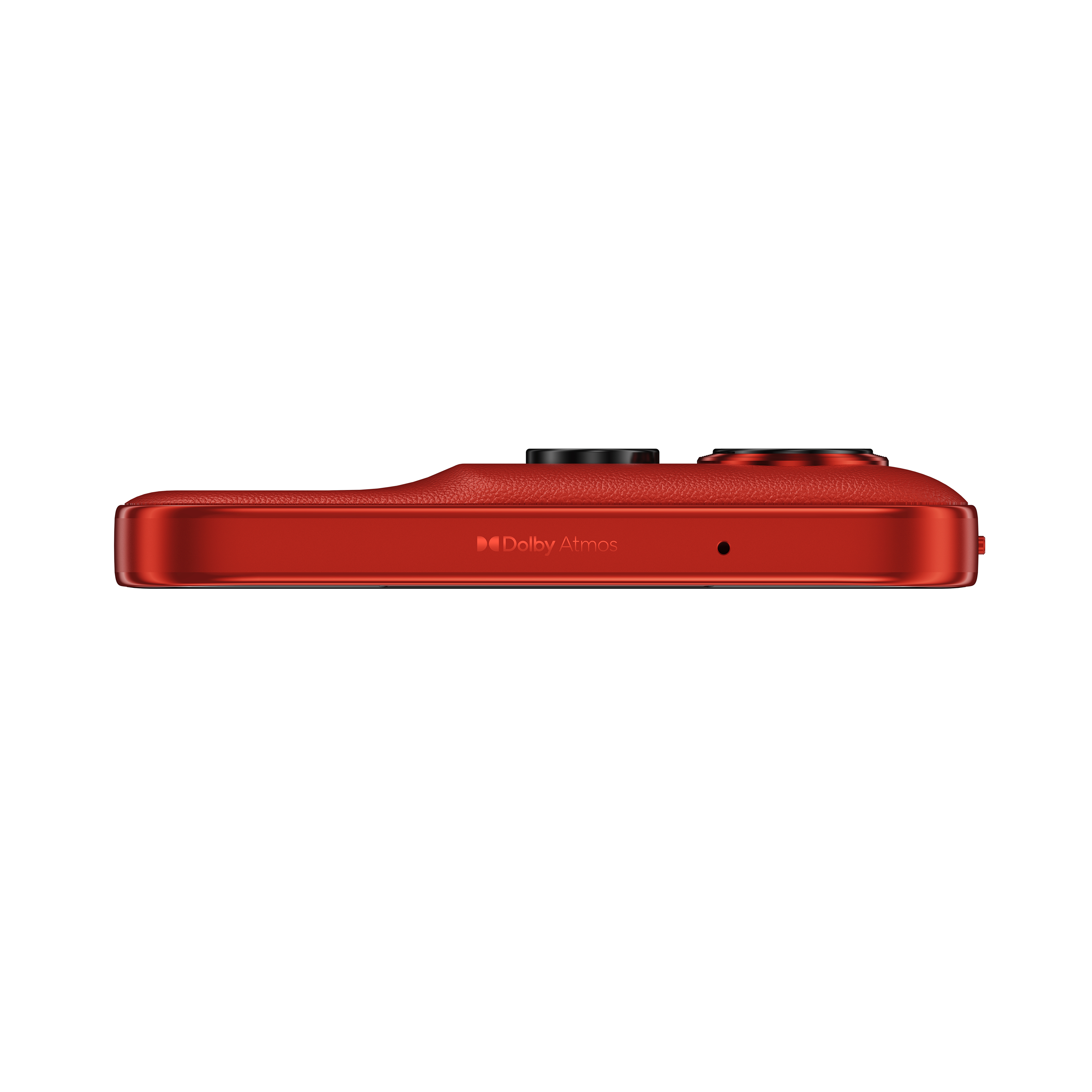 Rotes Smartphone, Seitenansicht, mit Dual-Kameras und Dolby Atmos Branding. Auf weißem Untergrund.