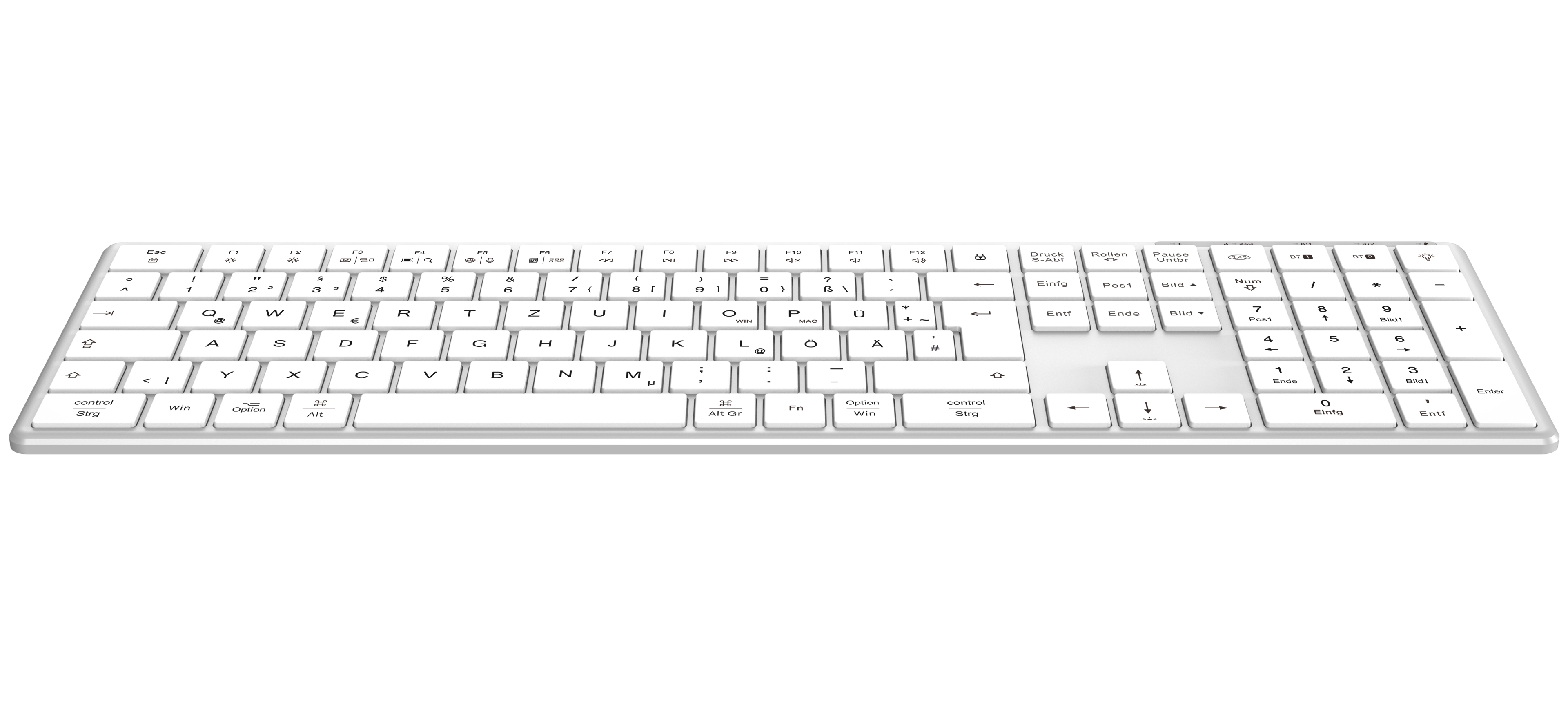 Weiße Tastatur, hat einen silbernen Rahmen mit weißen Tasten und Zahlen, Buchstaben.