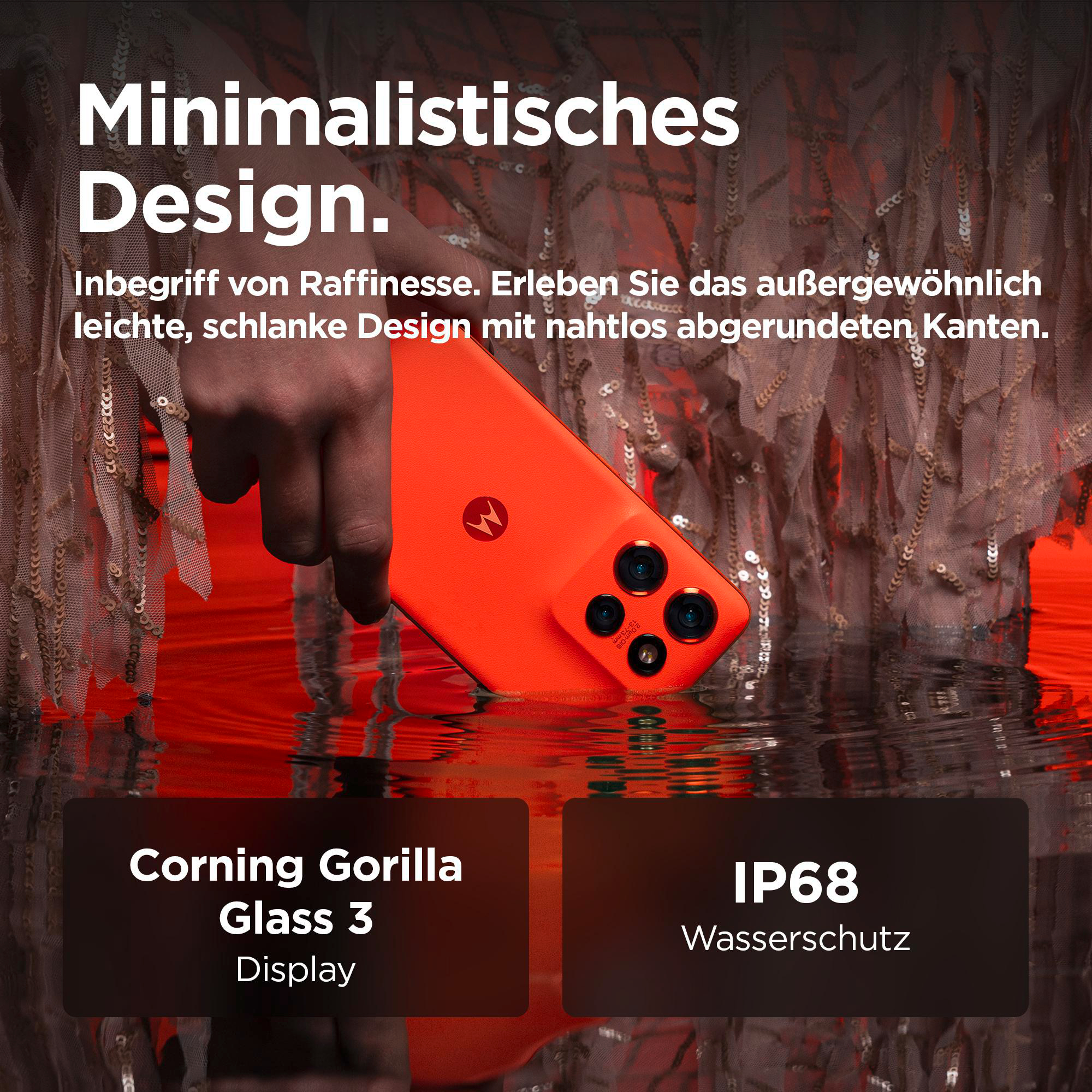 Oranges Smartphone mit mehreren Kameras im Wasser. Text beschreibt Corning Gorilla Glass 3 und IP68.