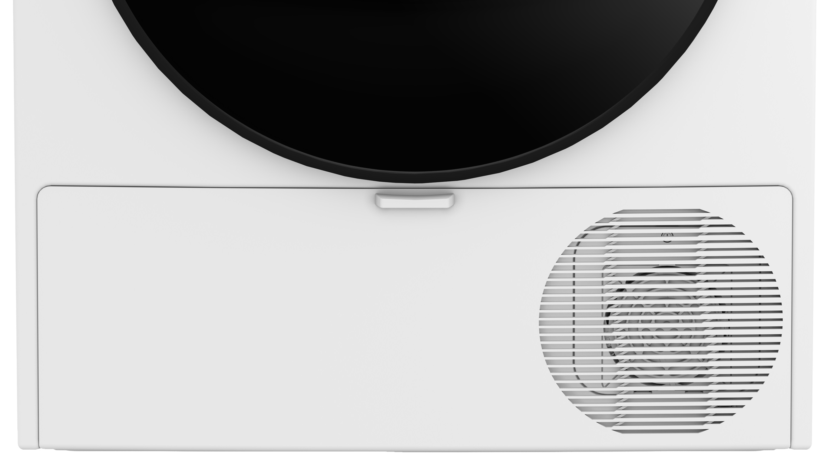 Zbliżenie na dolną przednią część białej suszarki z okrągłym otworem wentylacyjnym i wysuwaną przegródką.