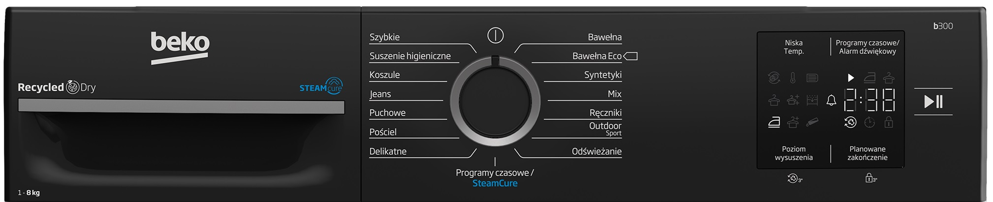Czarny panel sterowania pralki z pokrętłem, przyciskami i wyświetlaczem cyfrowym. Marka to Beko.