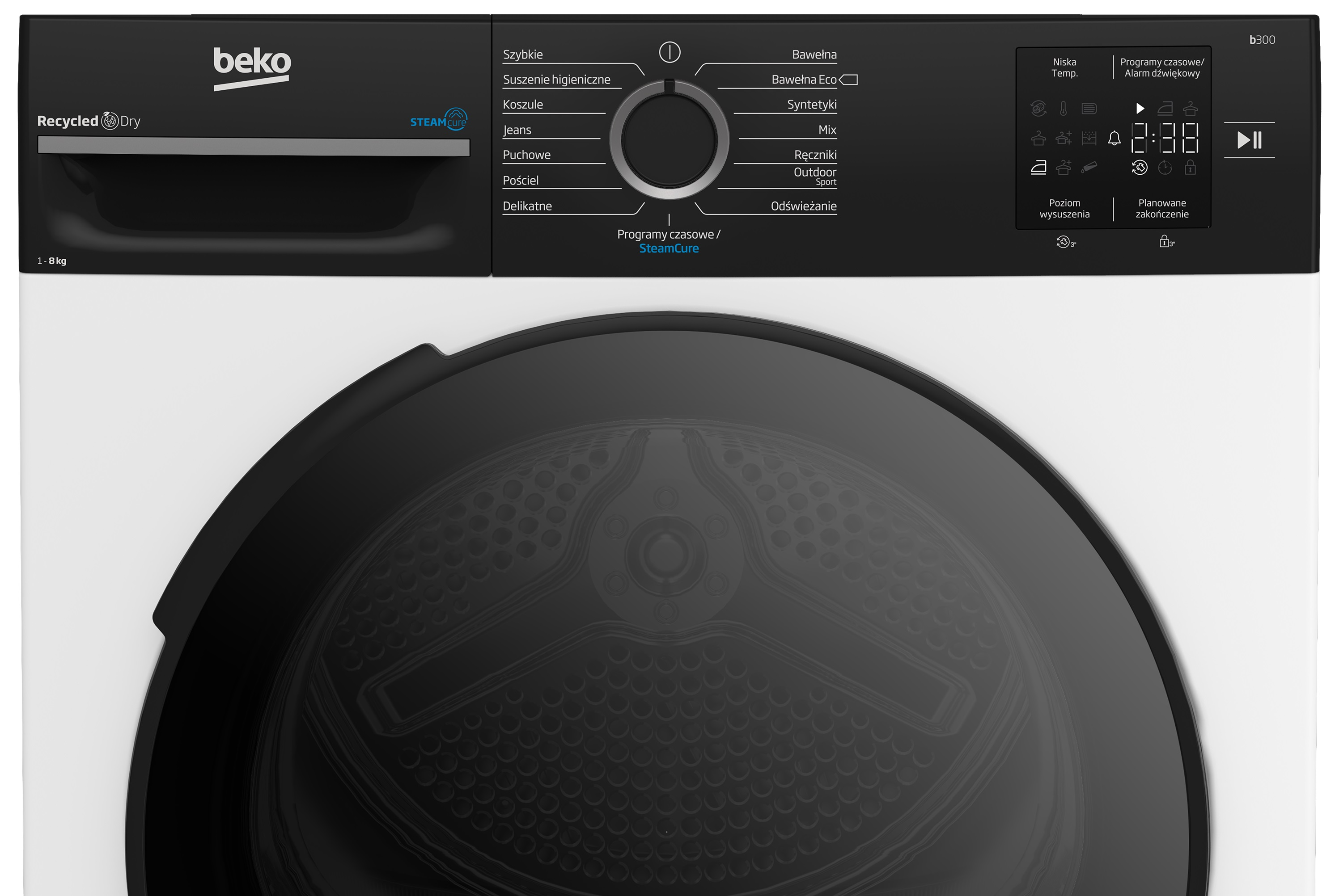 Czarno-biała suszarka Beko z panelem sterowania i szklanymi drzwiami.