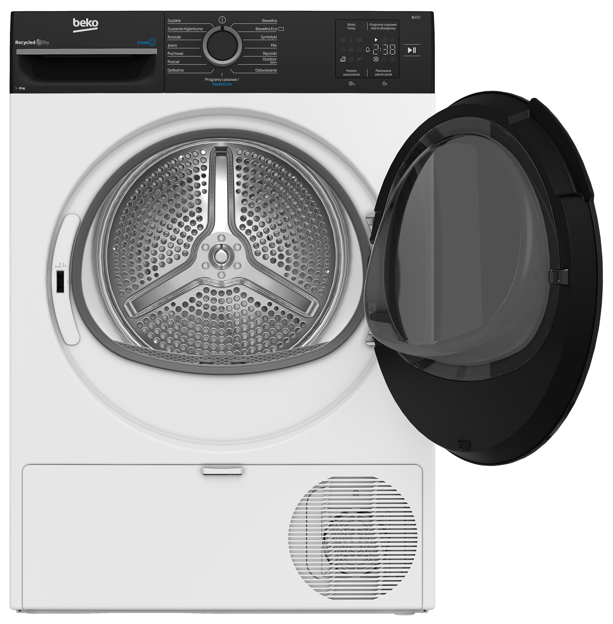 Biała i czarna suszarka z otwartymi drzwiami. Wewnątrz metalowy bęben.