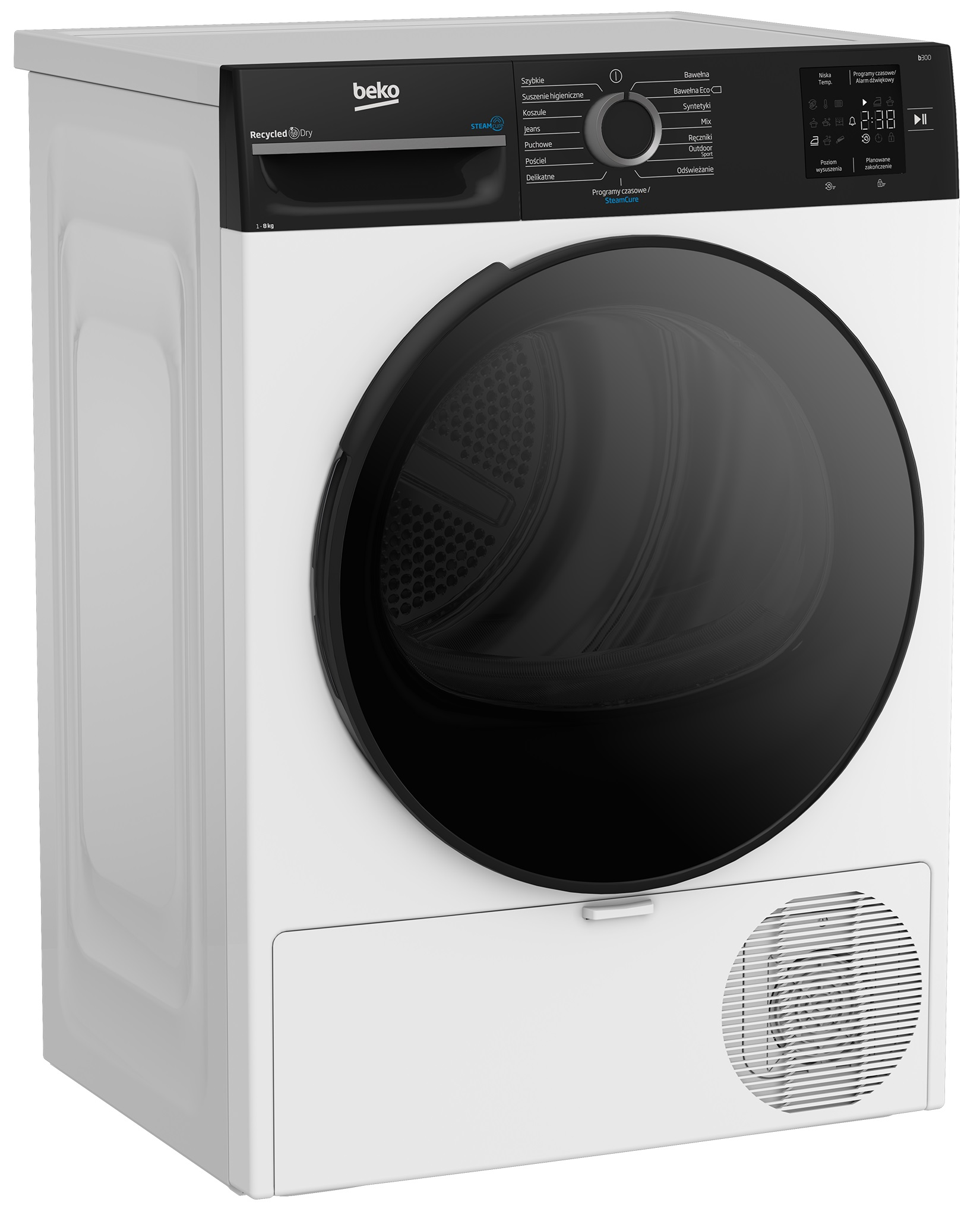 Biało-czarna suszarka z przeszklonymi drzwiami, pokazująca wnętrze.