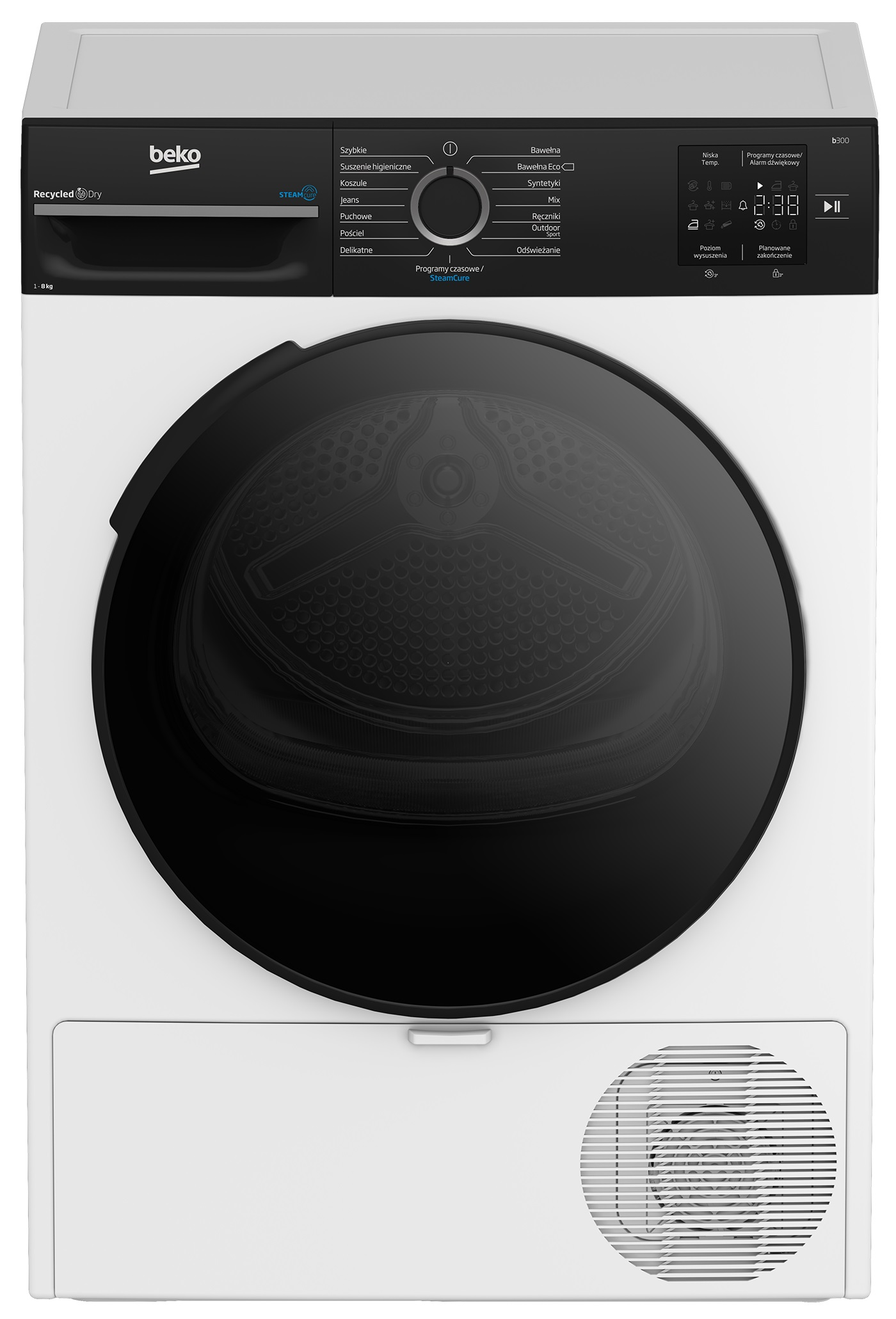 Biała suszarka Beko z czarnymi drzwiami i panelem sterowania, wyświetlająca ustawienia i cyfrowy timer.