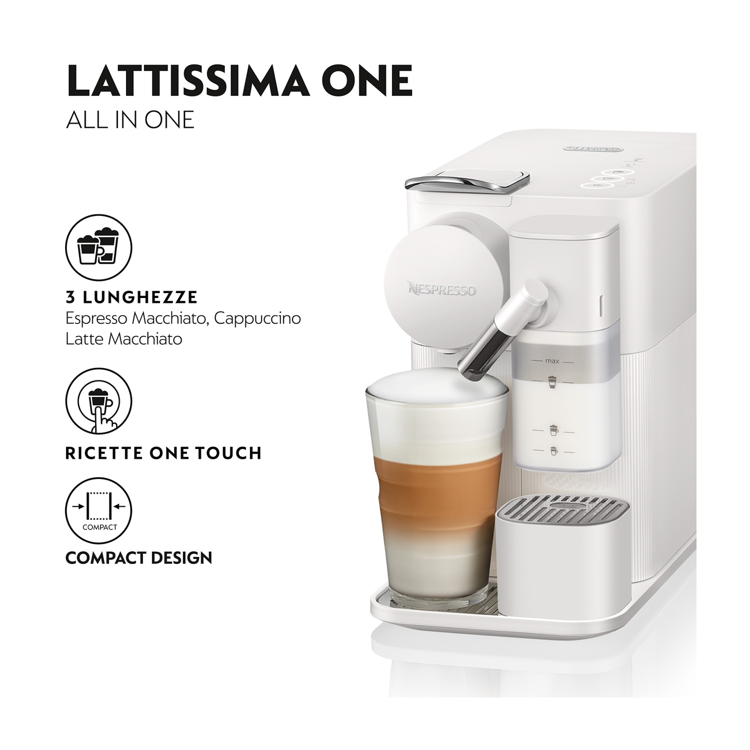 Macchina da caffè Nespresso Lattissima One bianca con un bicchiere di latte.