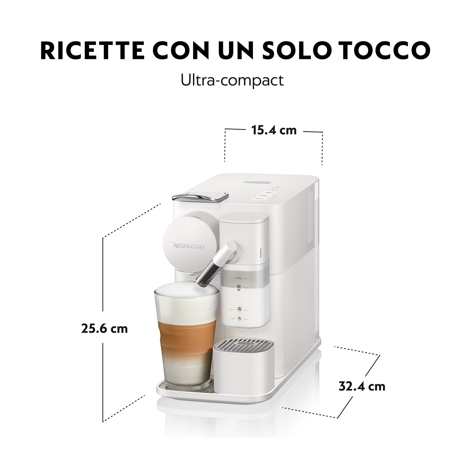 Macchina da caffè Nespresso Lattissima Pro bianca con misure e un latte.