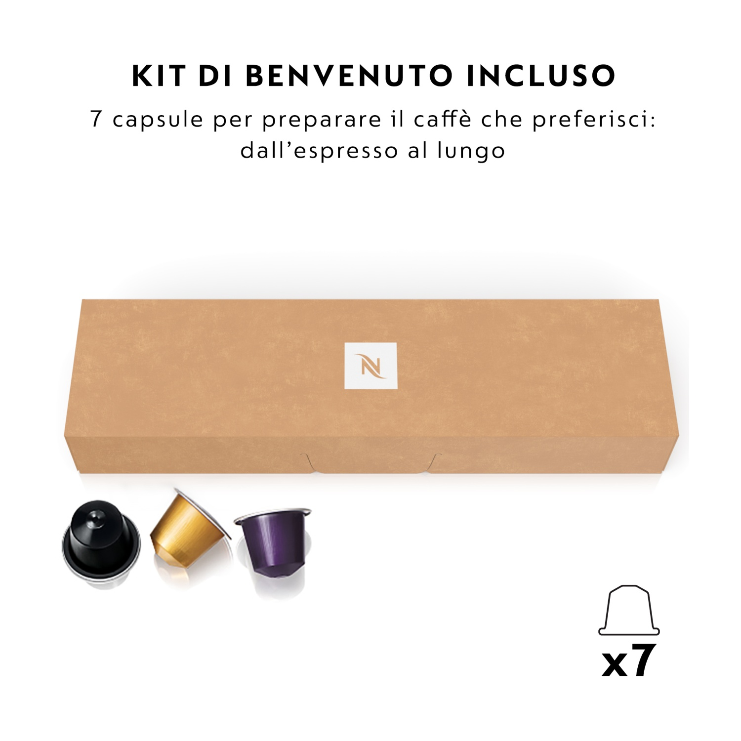 Una scatola di cartone con capsule Nespresso e una scatola di 7 capsule.