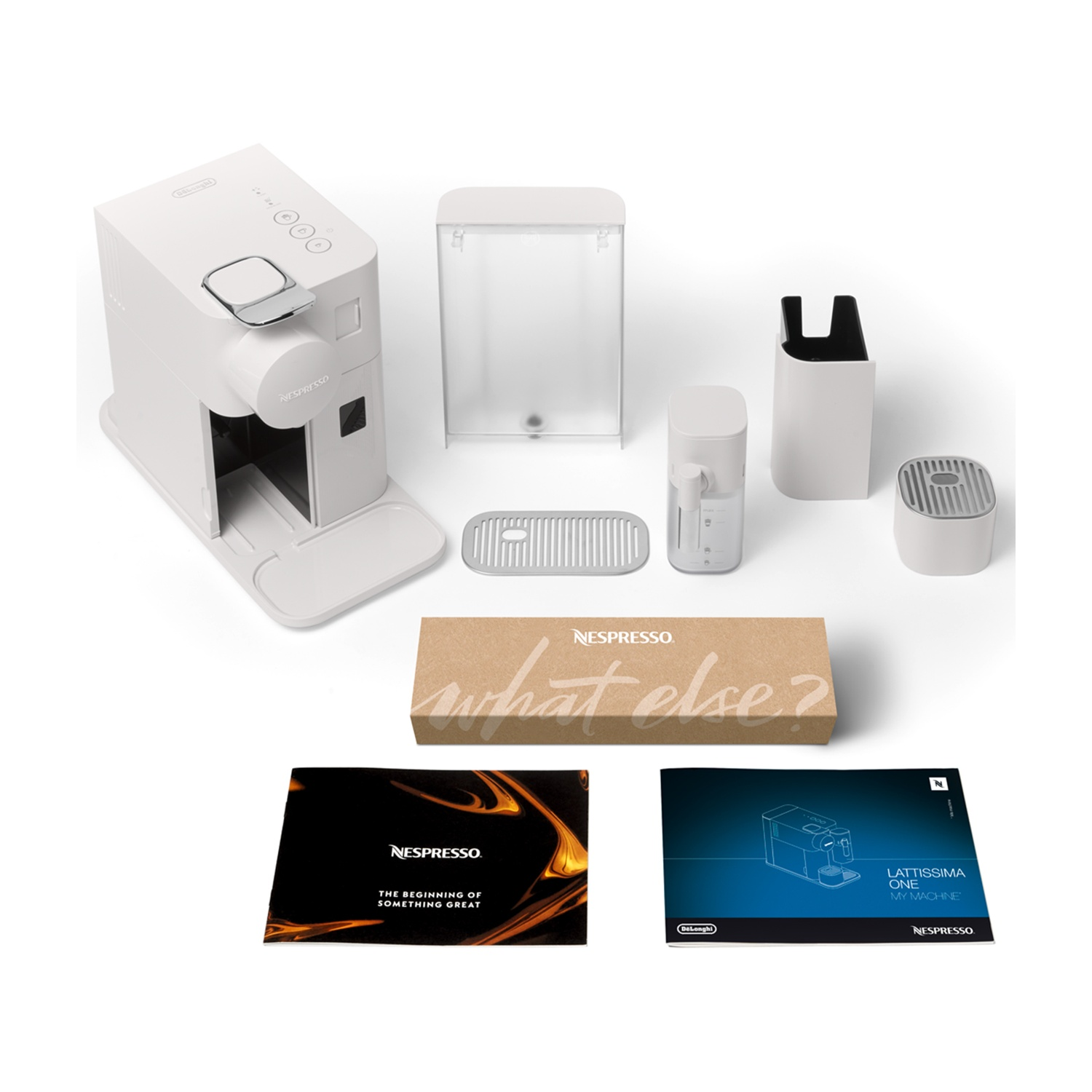 Macchina da caffè Nespresso e accessori. Include la macchina, il serbatoio dell'acqua e vari componenti.