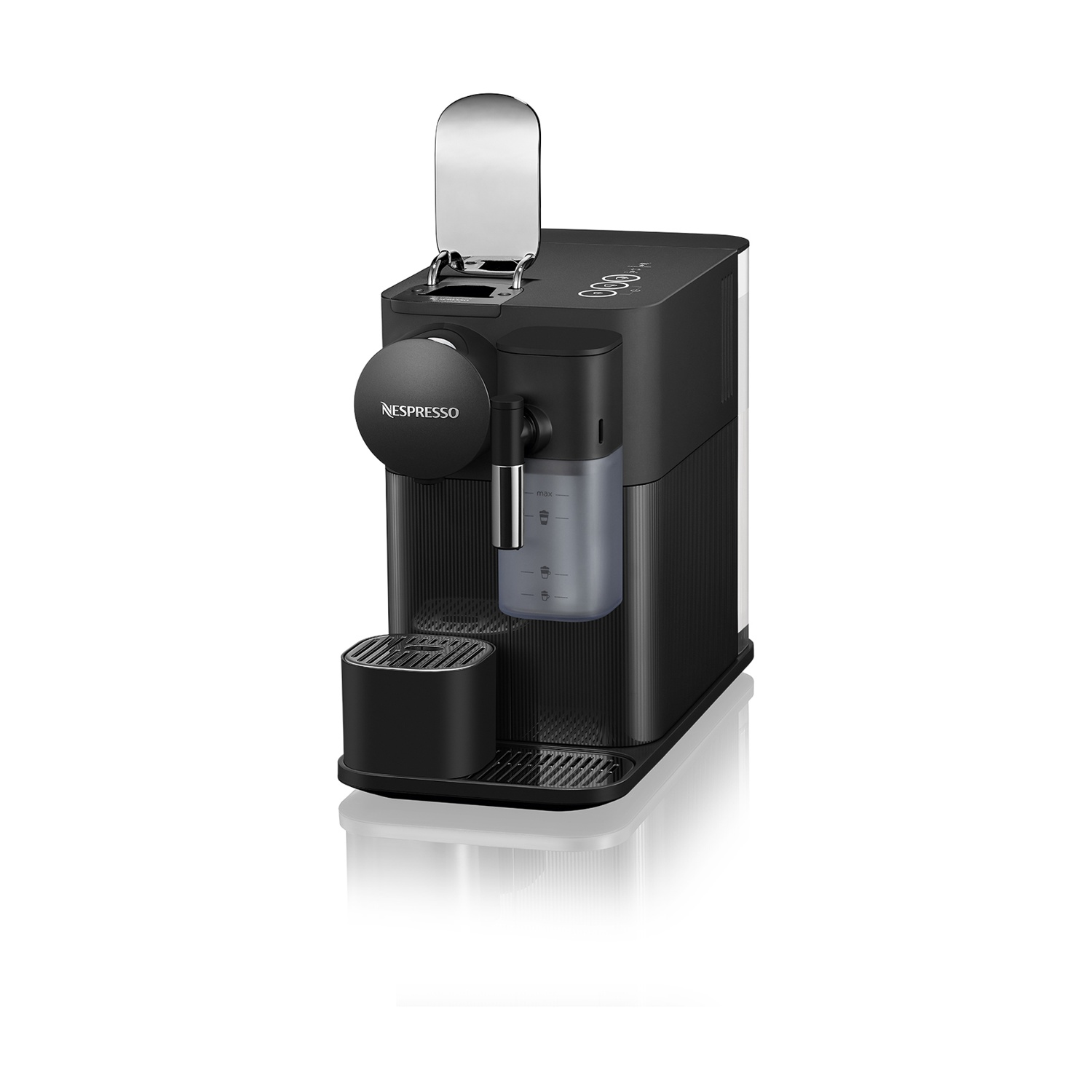 Una macchina da caffè Nespresso nera, con serbatoio dell'acqua e area di smaltimento capsule.