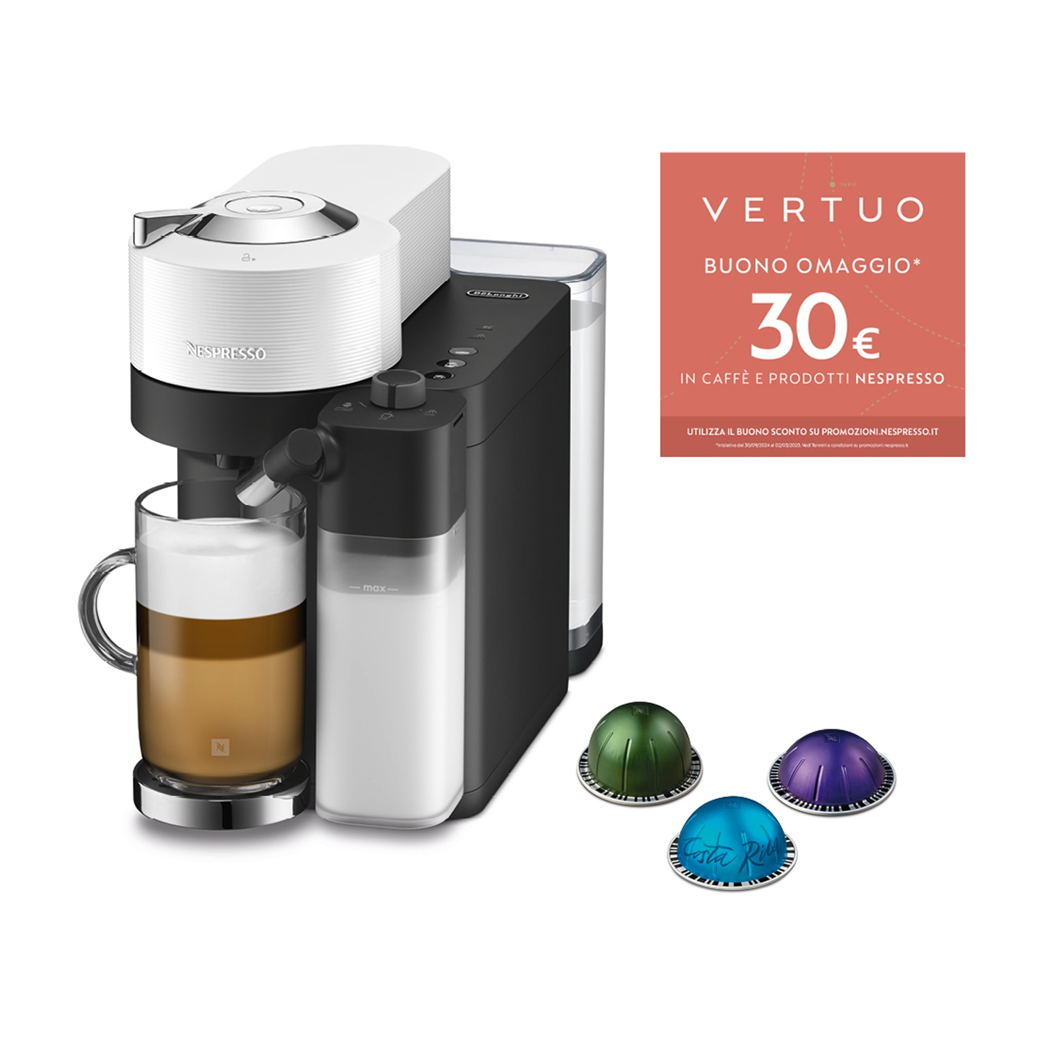 Macchina da caffè Nespresso con una tazza di caffè e capsule.