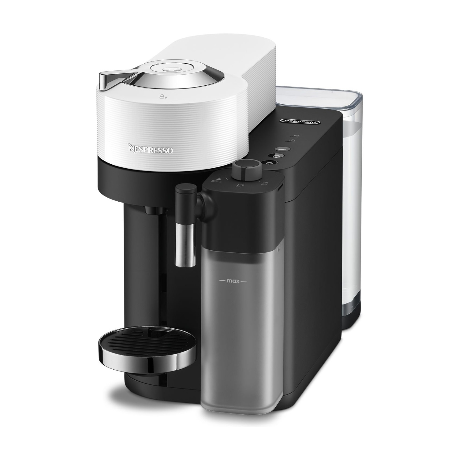 Macchina da caffè Nespresso. Design bianco e nero con serbatoio dell'acqua.