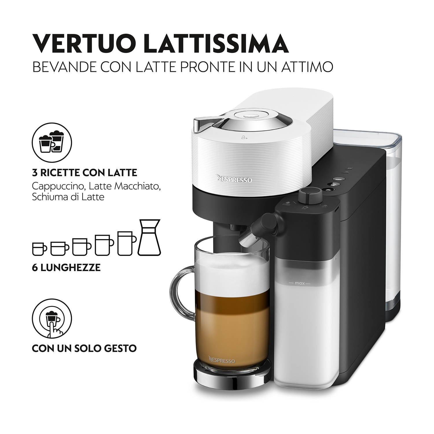 Macchina da caffè con montalatte, bicchiere e testo sulle bevande a base di latte.