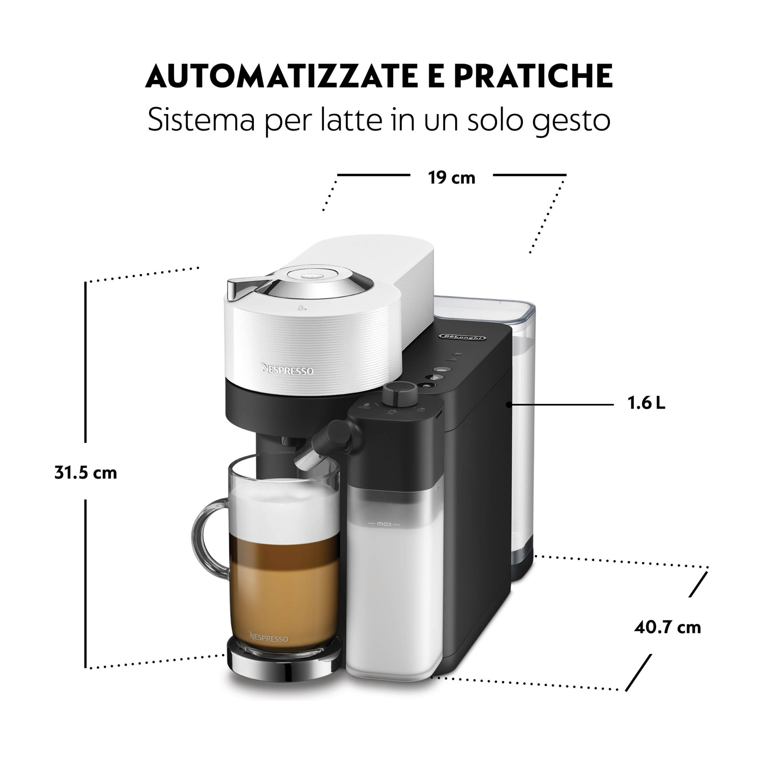 Una macchina da caffè con dimensioni e una tazza di caffè.
