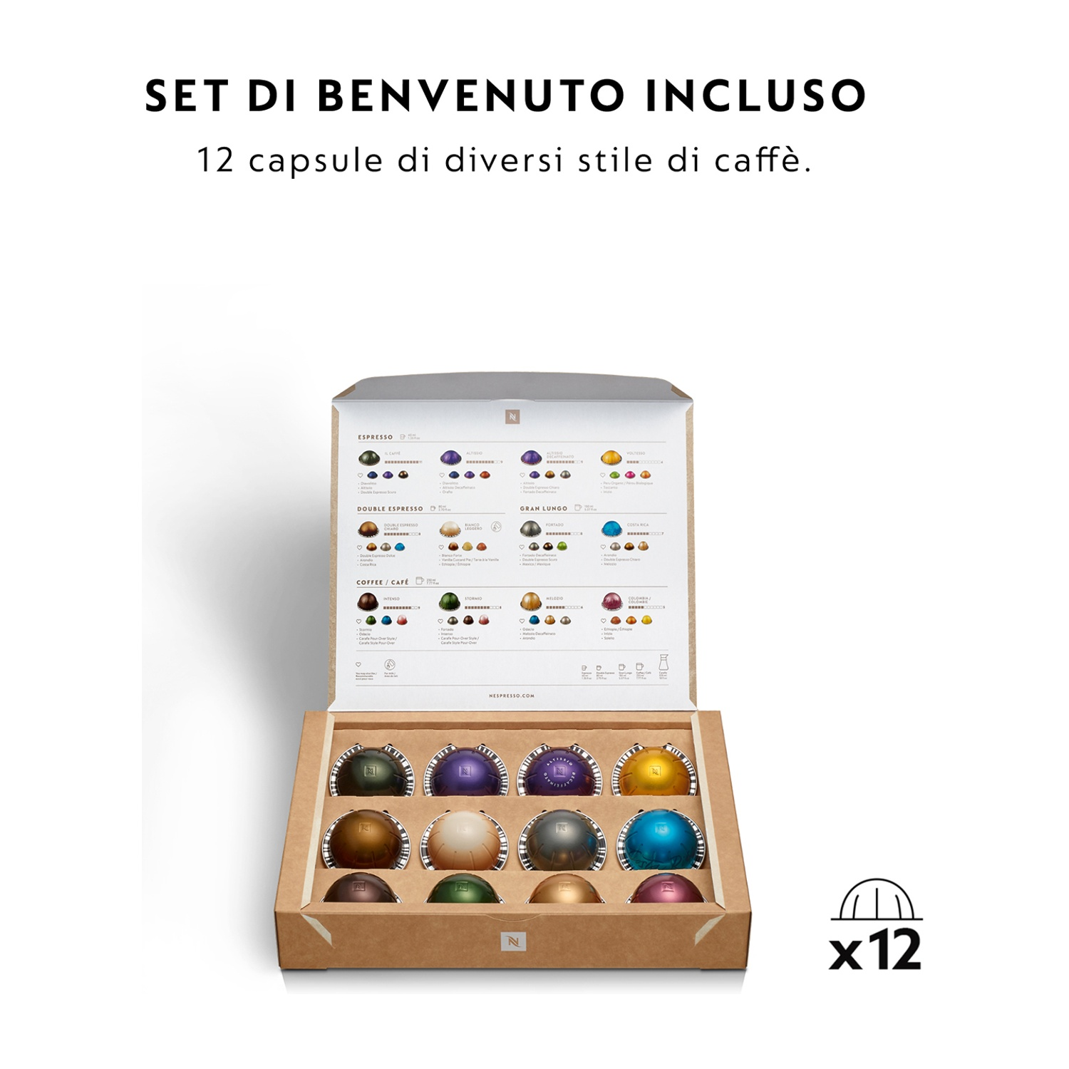Scatola di capsule di caffè Nespresso in vari colori e stili.