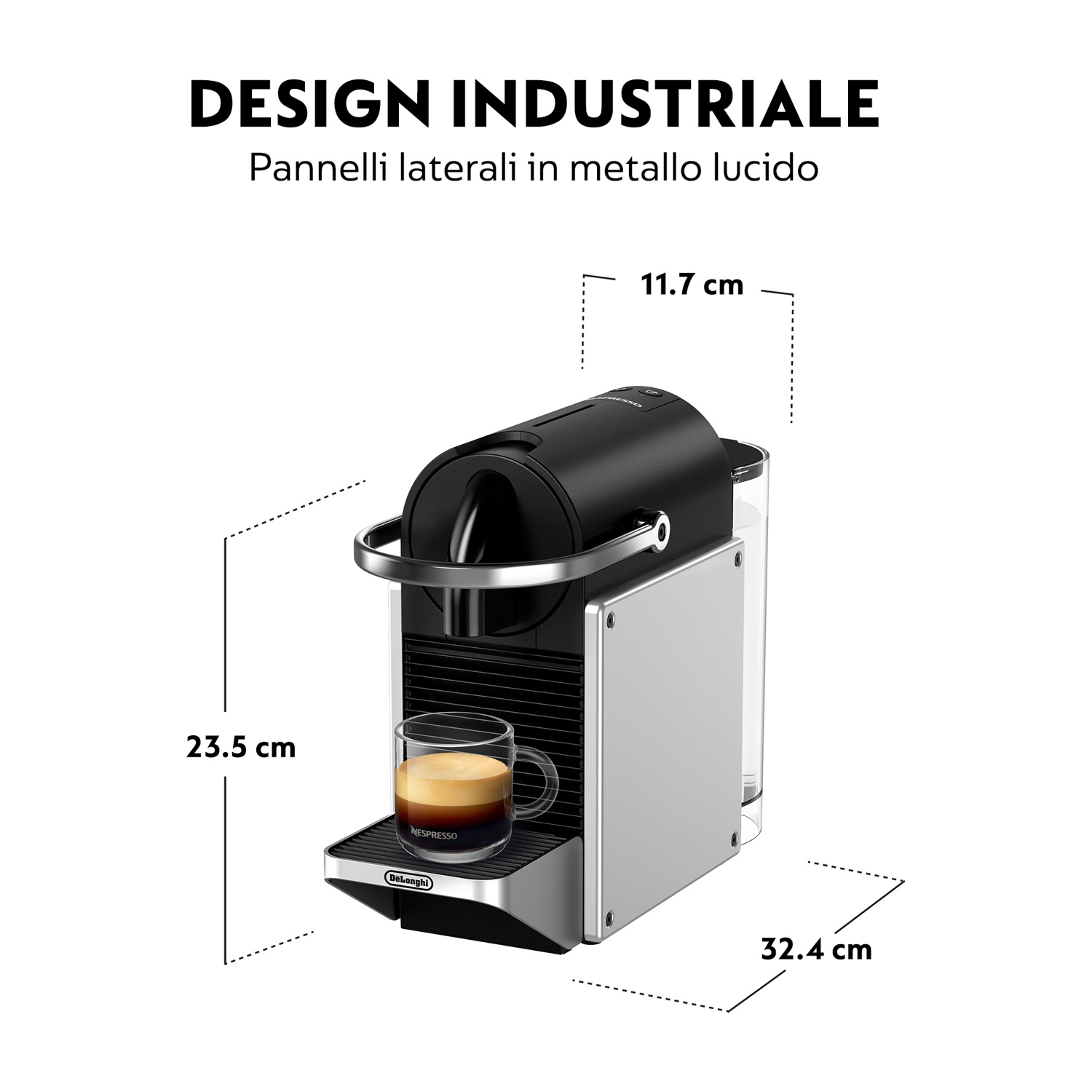 Macchina per espresso con tazza di caffè, misure e testo.