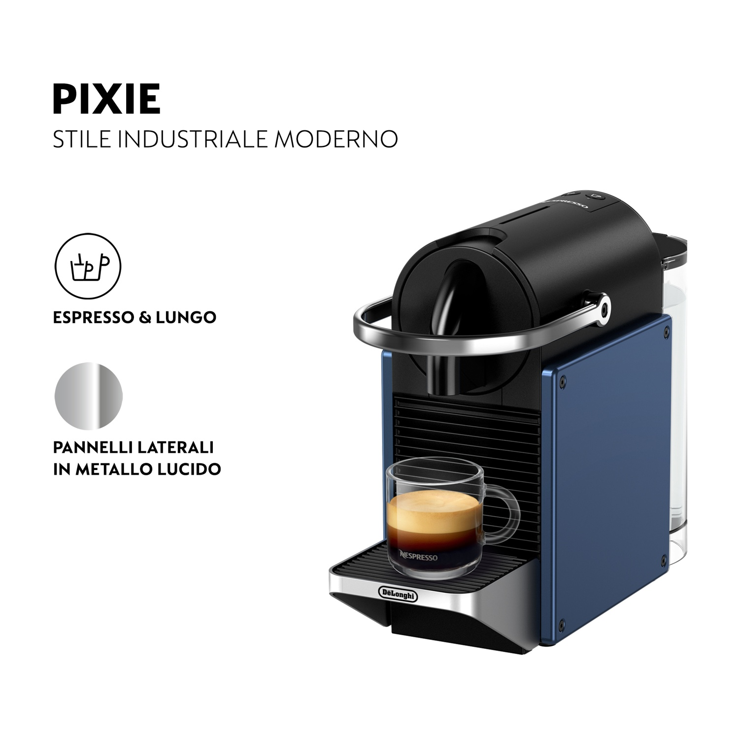 Una macchina da caffè Nespresso blu e nera con un bicchiere.