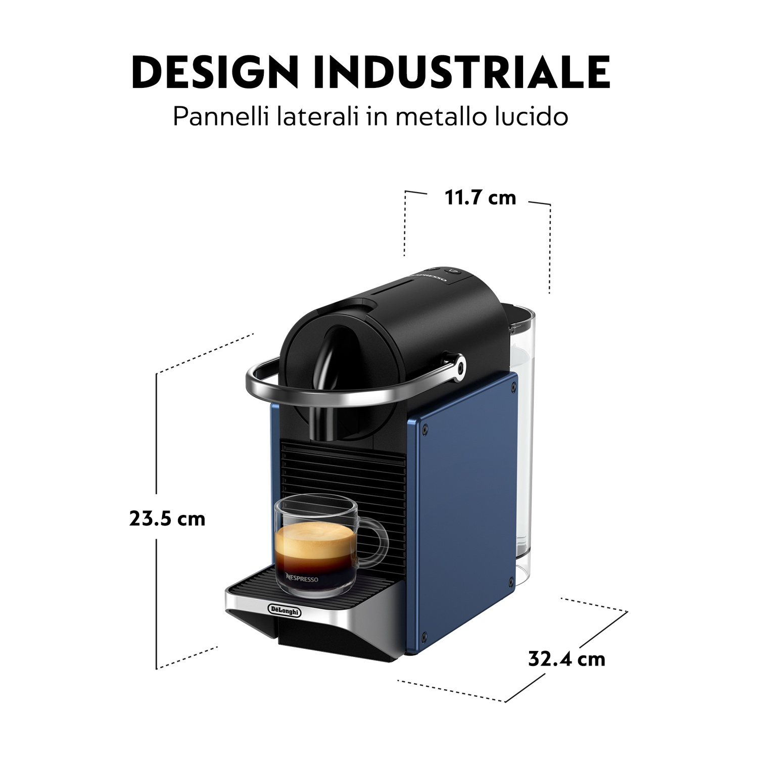 Macchina da caffè blu e nera con misure e una tazza.