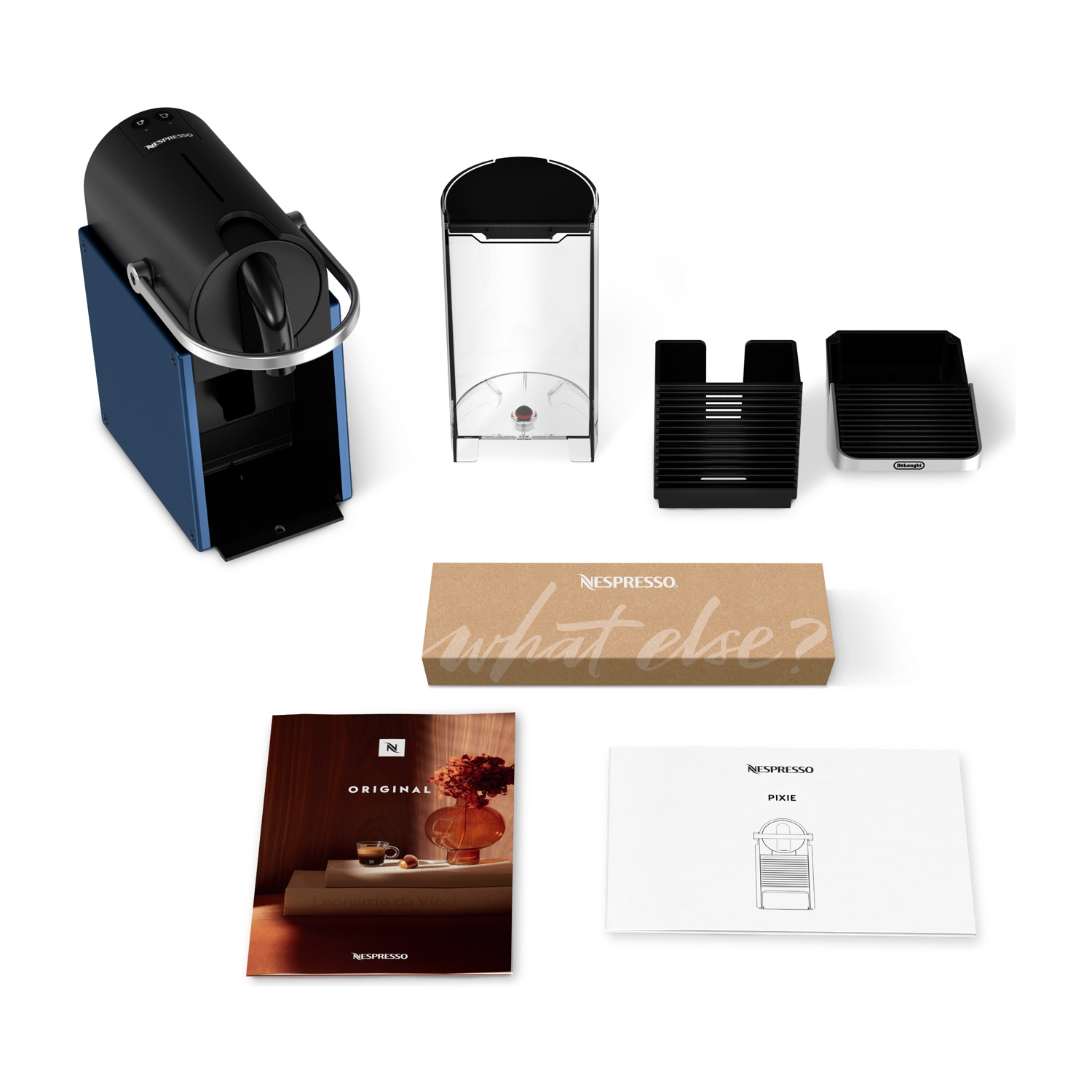 Macchina da caffè Nespresso Pixie con accessori: porta capsule, scatola e manuale.