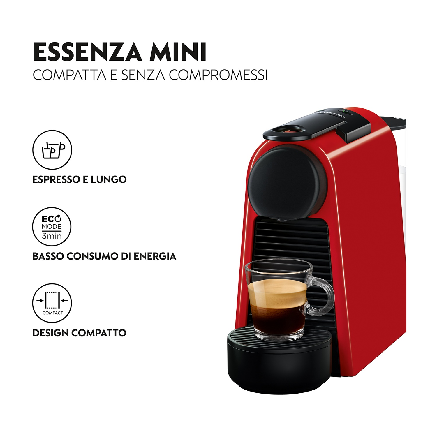 Macchina da caffè rossa con tazza di caffè, e testo.