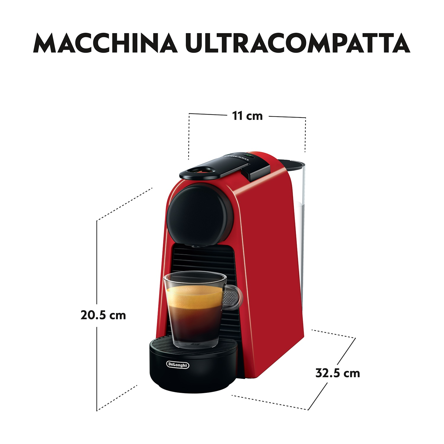 Macchina per espresso rossa con tazza di caffè, misure e testo.
