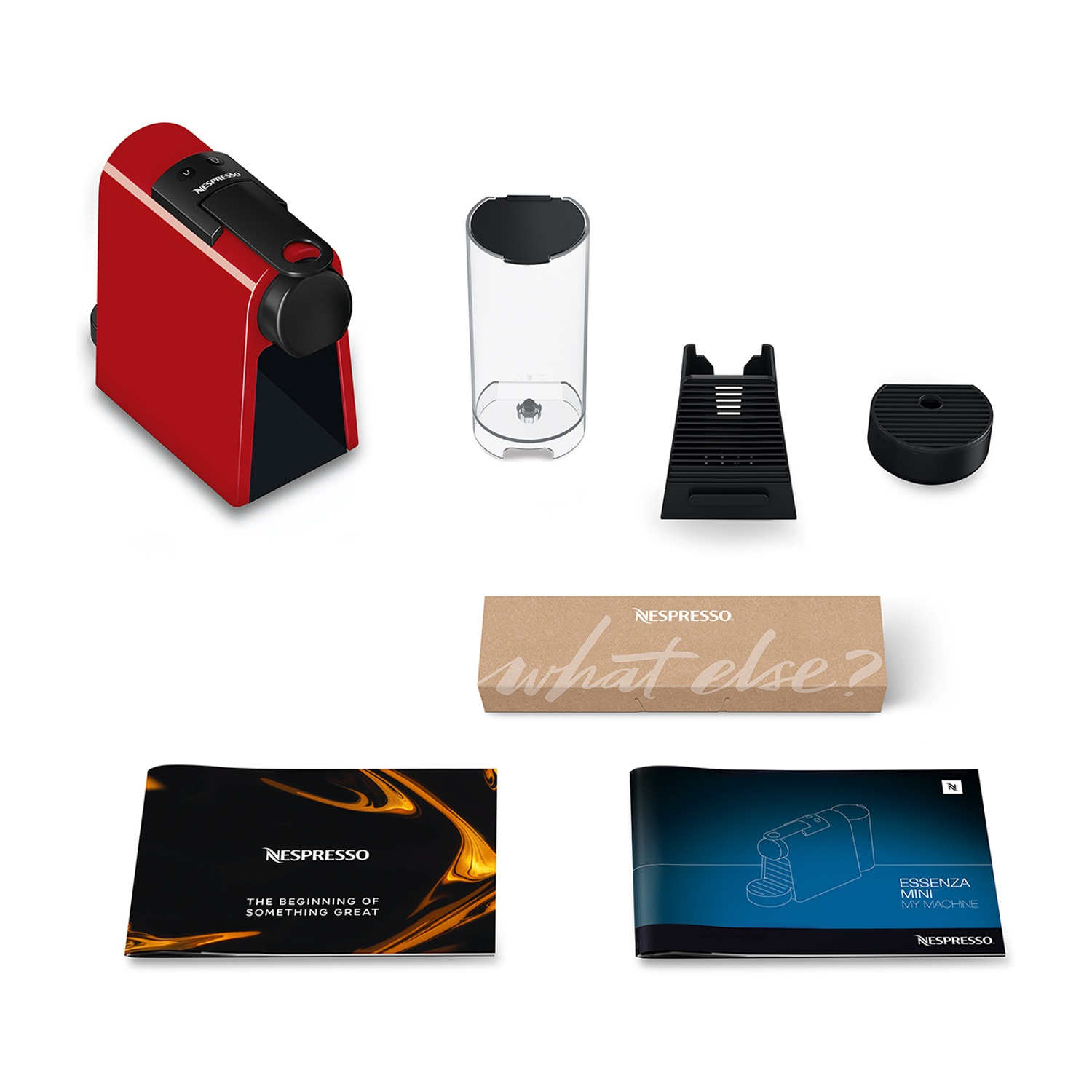 Macchina Nespresso rossa con accessori: contenitore dell'acqua, vassoio raccogli gocce e manuali.