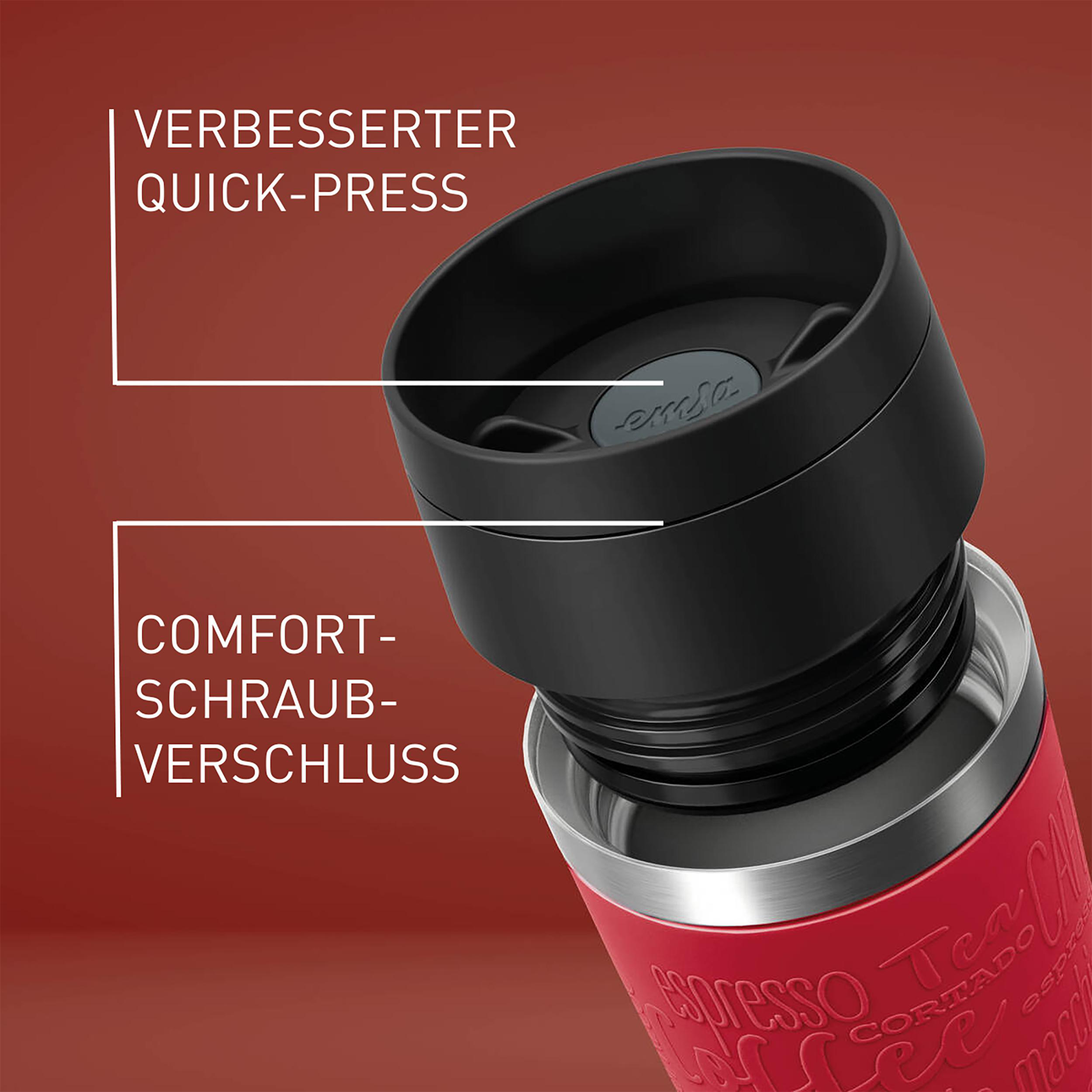 Ein roter und schwarzer Reisebecher mit Textbeschriftungen.