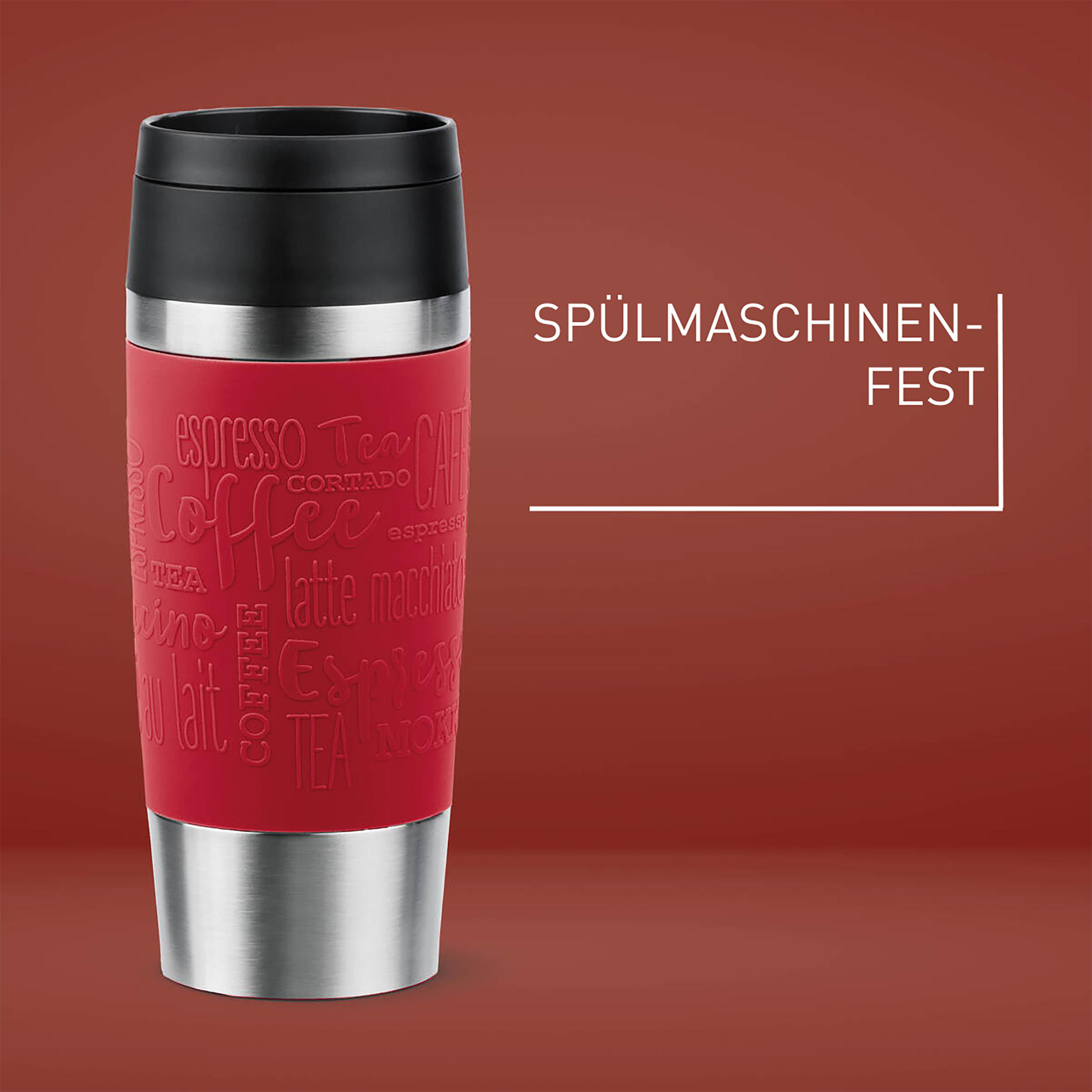 Roter Reisebecher mit Kaffee-Text. Schwarzer Deckel, silberner Boden. Text: Spülmaschinenfest.