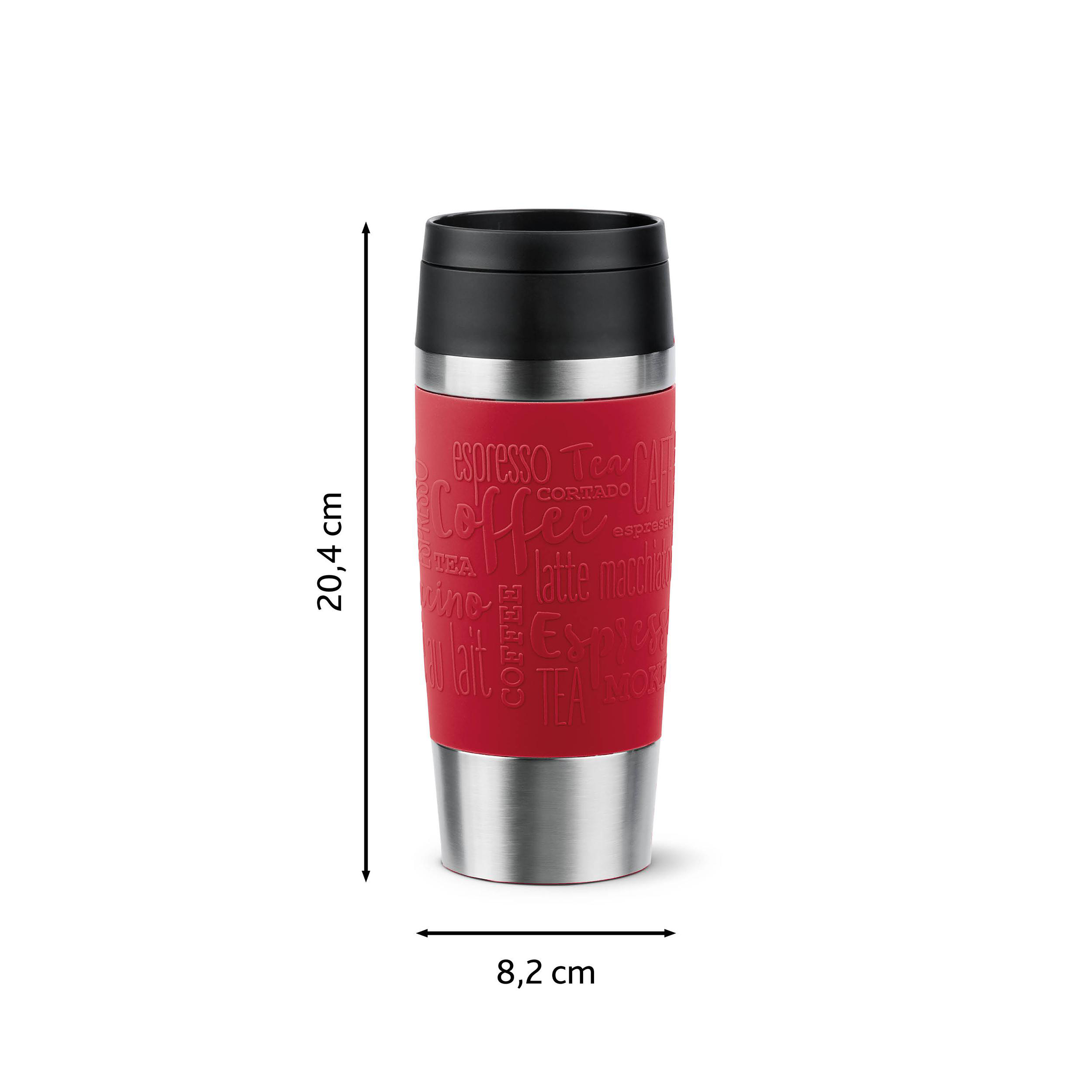 Roter und silberner isolierter Kaffeebecher mit Text. Abmessungen zeigen Höhe und Breite.