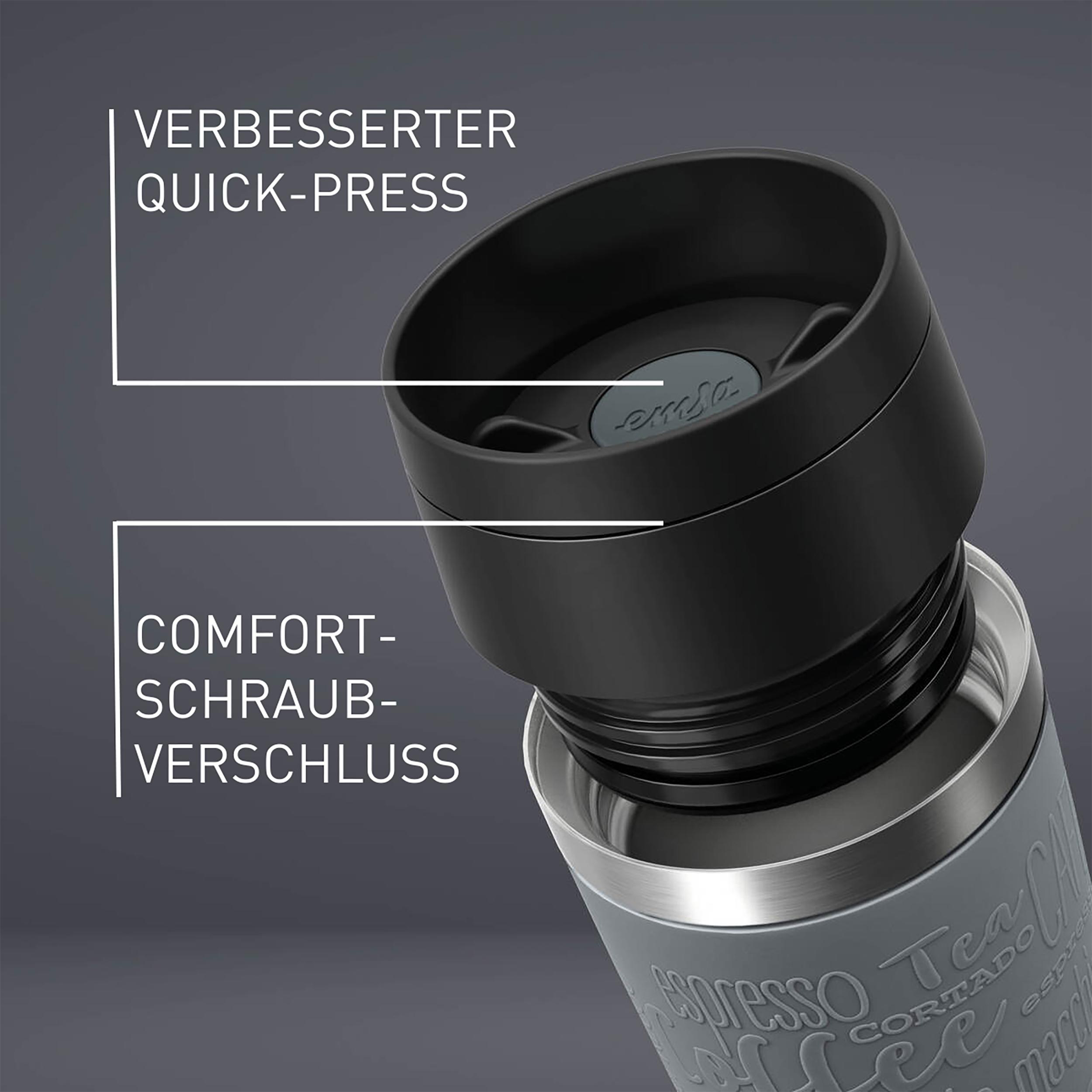 Nahaufnahme eines grauen Reisebechers mit schwarzem Deckel. Textkennzeichnungen weisen auf Merkmale wie Quick-Press und Schraubverschluss hin.