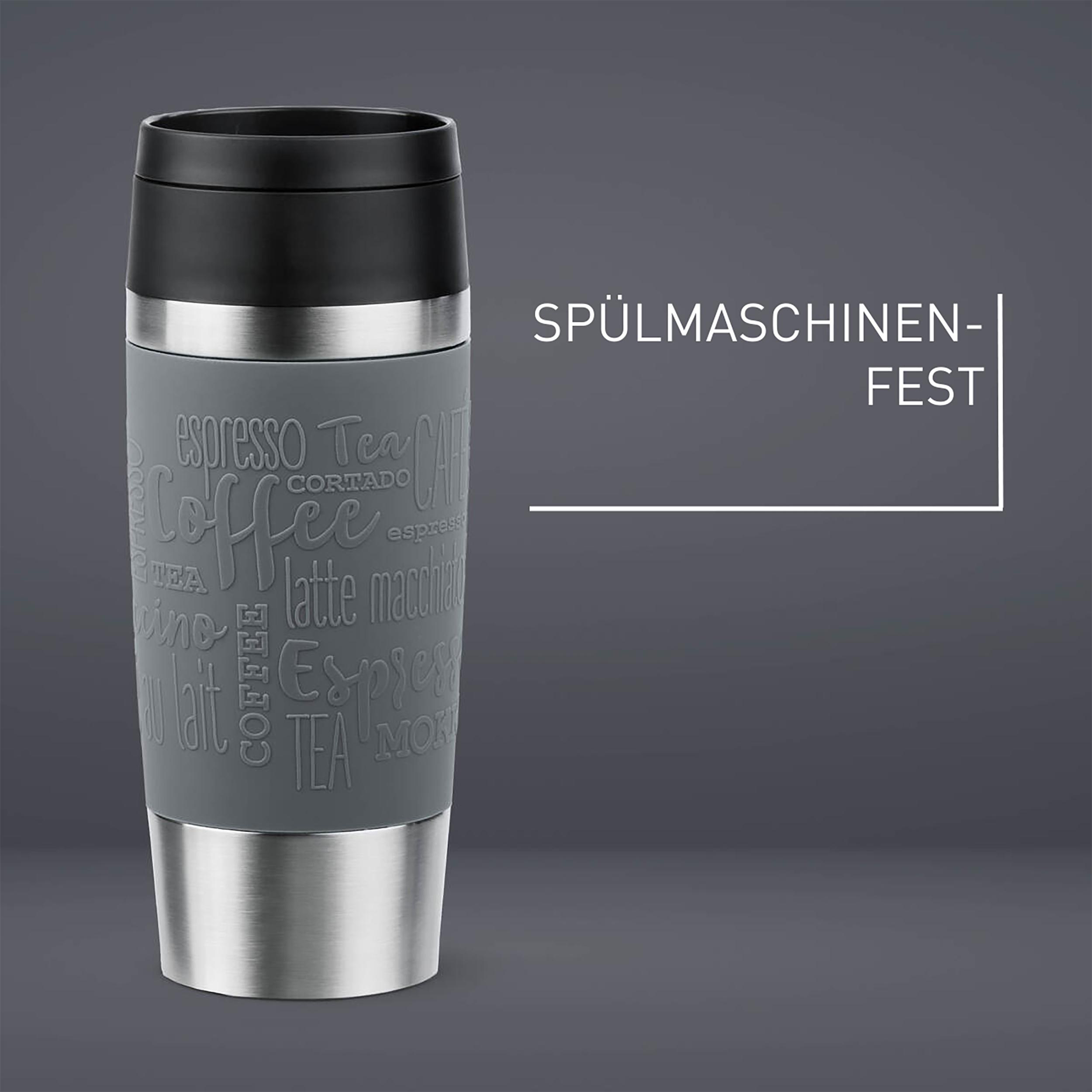 Ein grauer und silberner Isolierbecher mit Text: Espresso, Kaffee, Tee und mehr. Er befindet sich auf grauem Hintergrund.