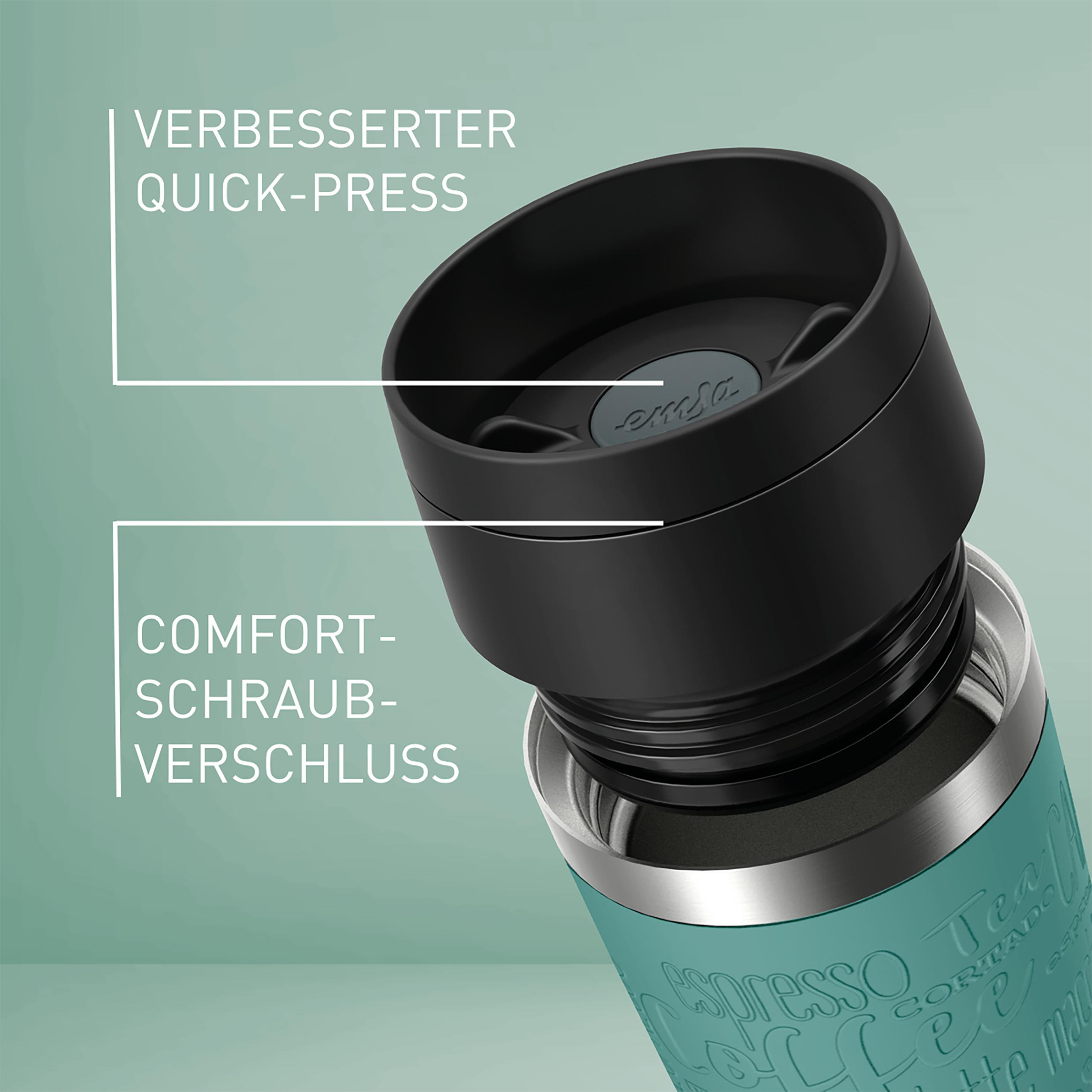 Ein grüner und türkisfarbener Reisebecher mit schwarzem Deckel. Text ist auf dem Becher sichtbar.