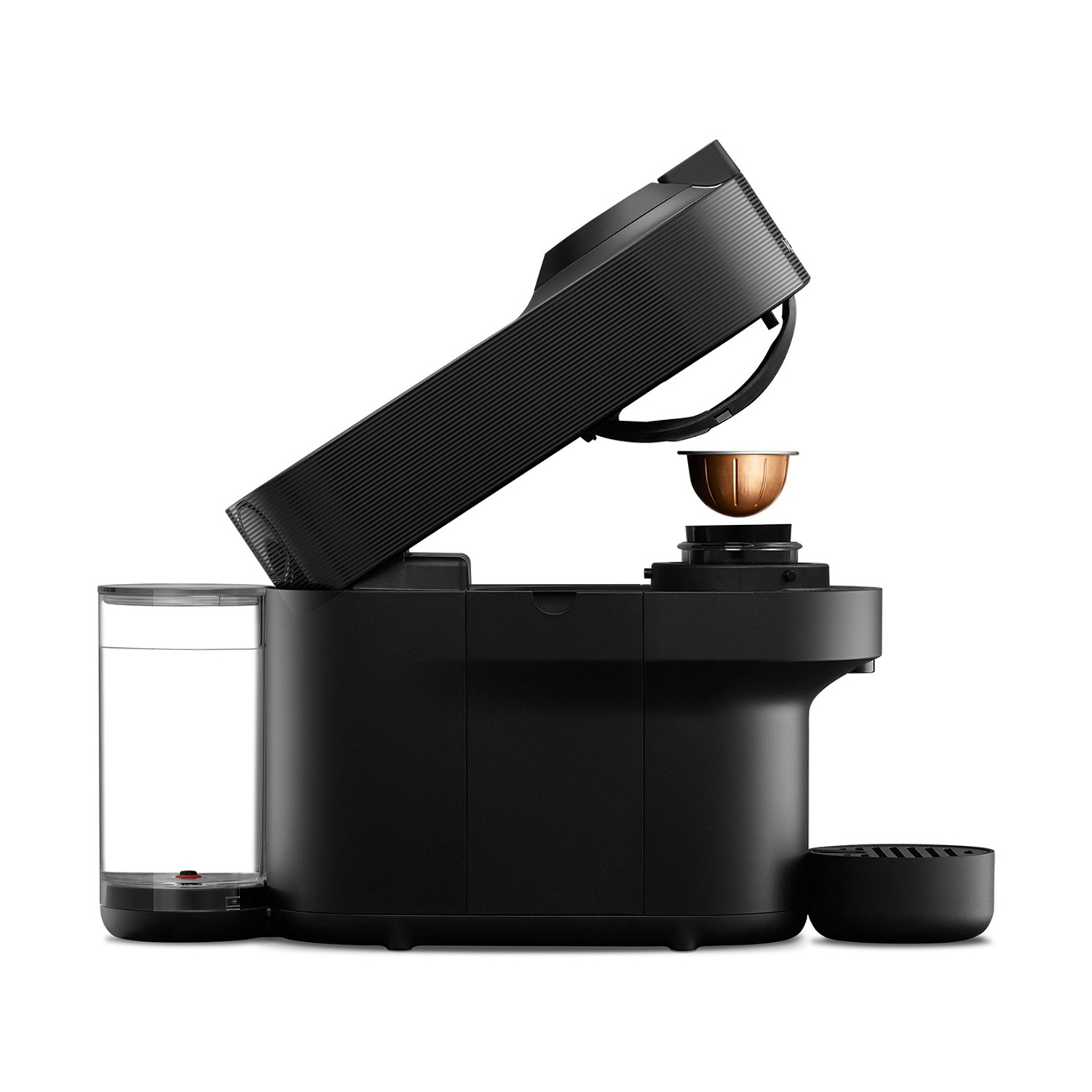 Macchina da caffè nera con parte superiore aperta, erogazione di una capsula.