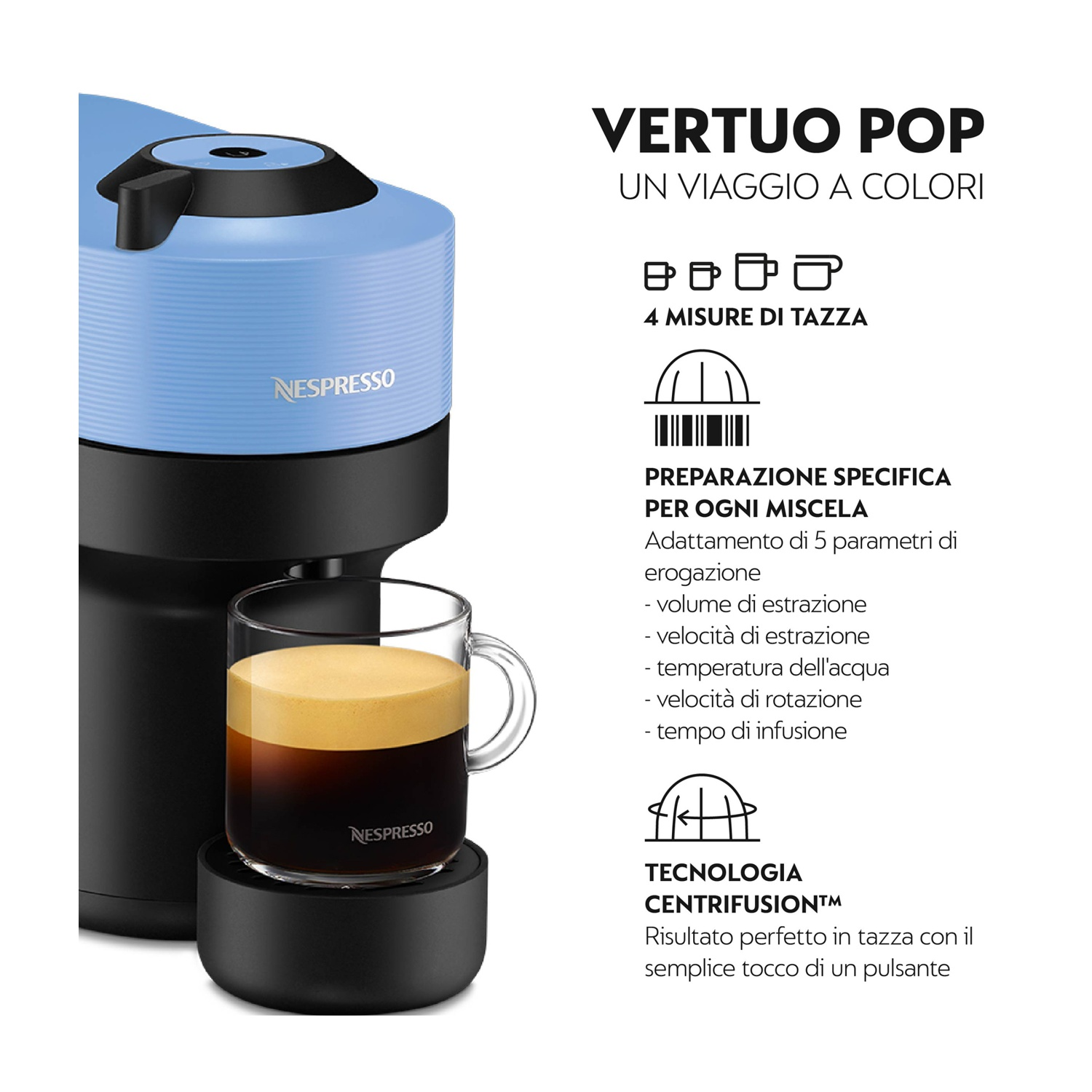 Macchina Nespresso Vertuo Pop blu e nera con una tazza di caffè e testo.