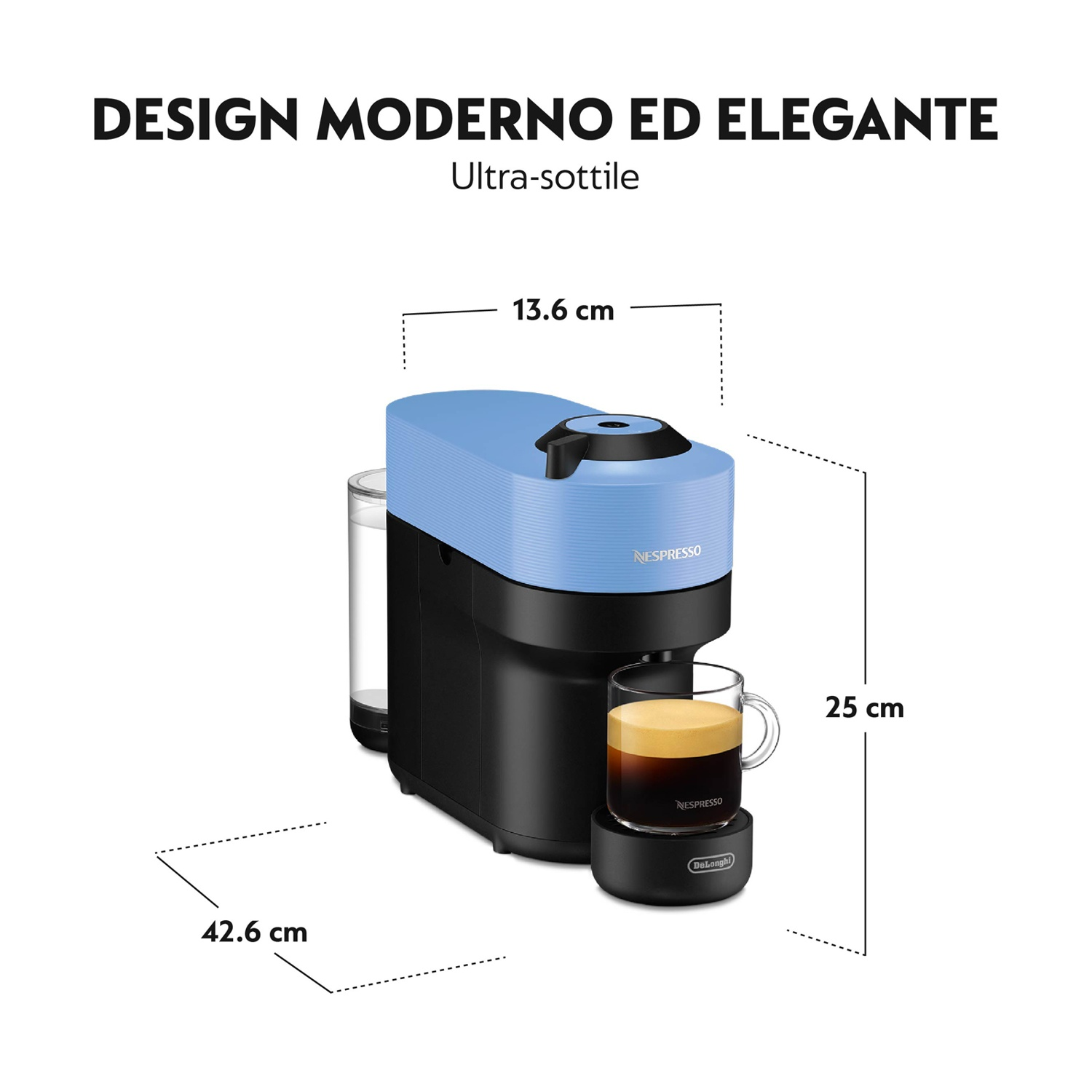 Una macchina da caffè Nespresso nera e blu con dimensioni e una tazza di caffè.