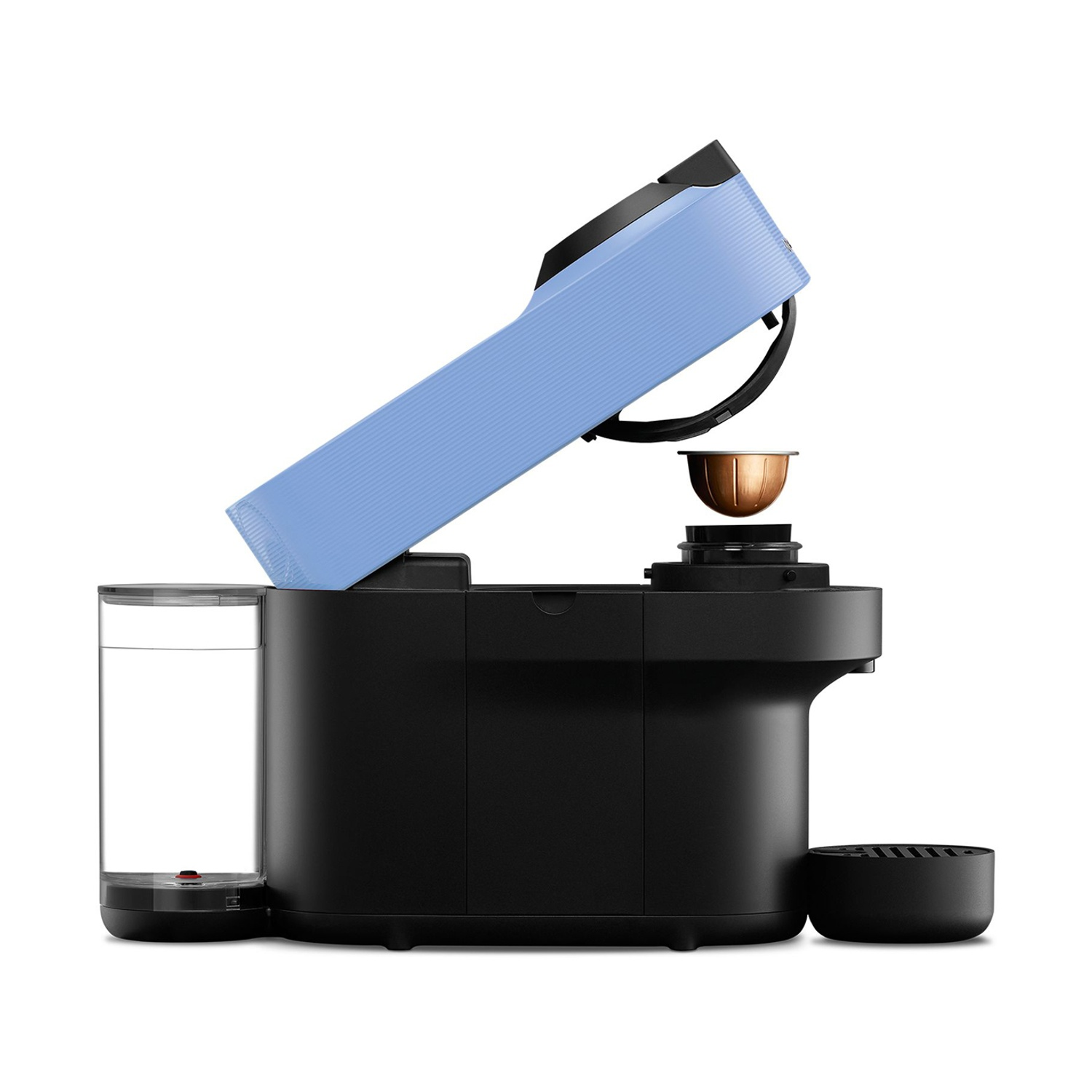 Una macchina da caffè nera e blu con un contenitore d'acqua a sinistra. Il coperchio è aperto.