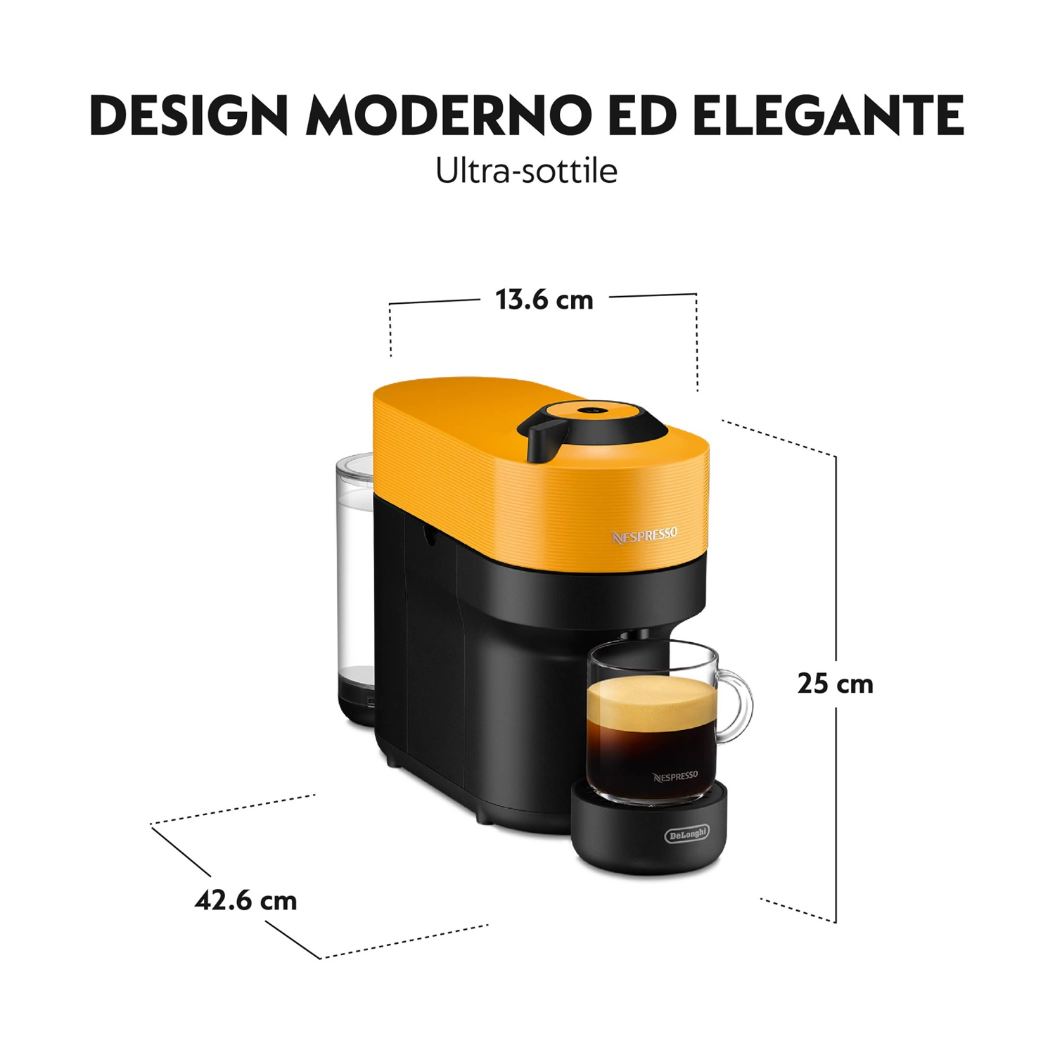 Macchina da caffè gialla e nera con tazza di caffè. Testo in italiano.