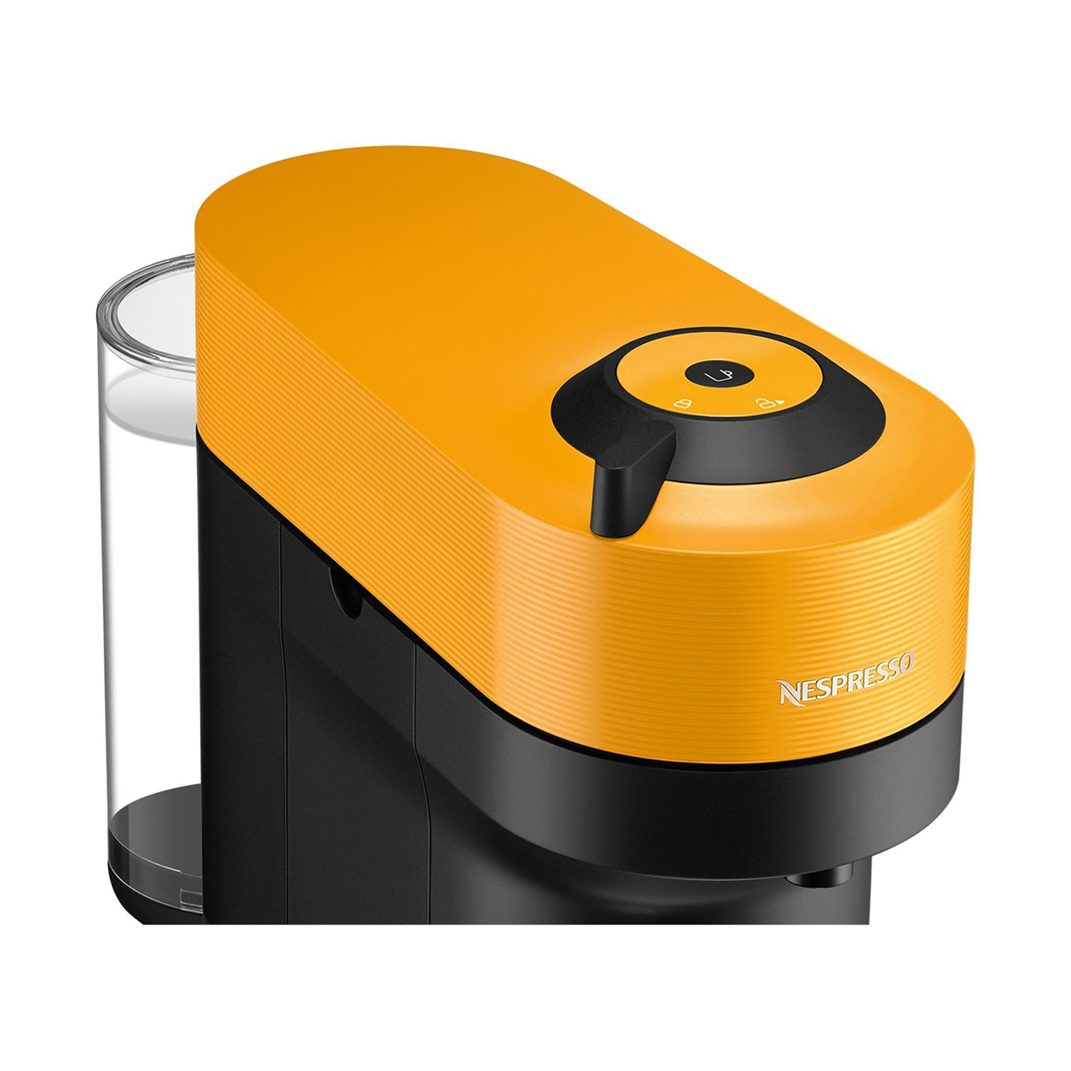 Macchina da caffè Nespresso arancione e nera. Ha un serbatoio dell'acqua e un pulsante in alto.