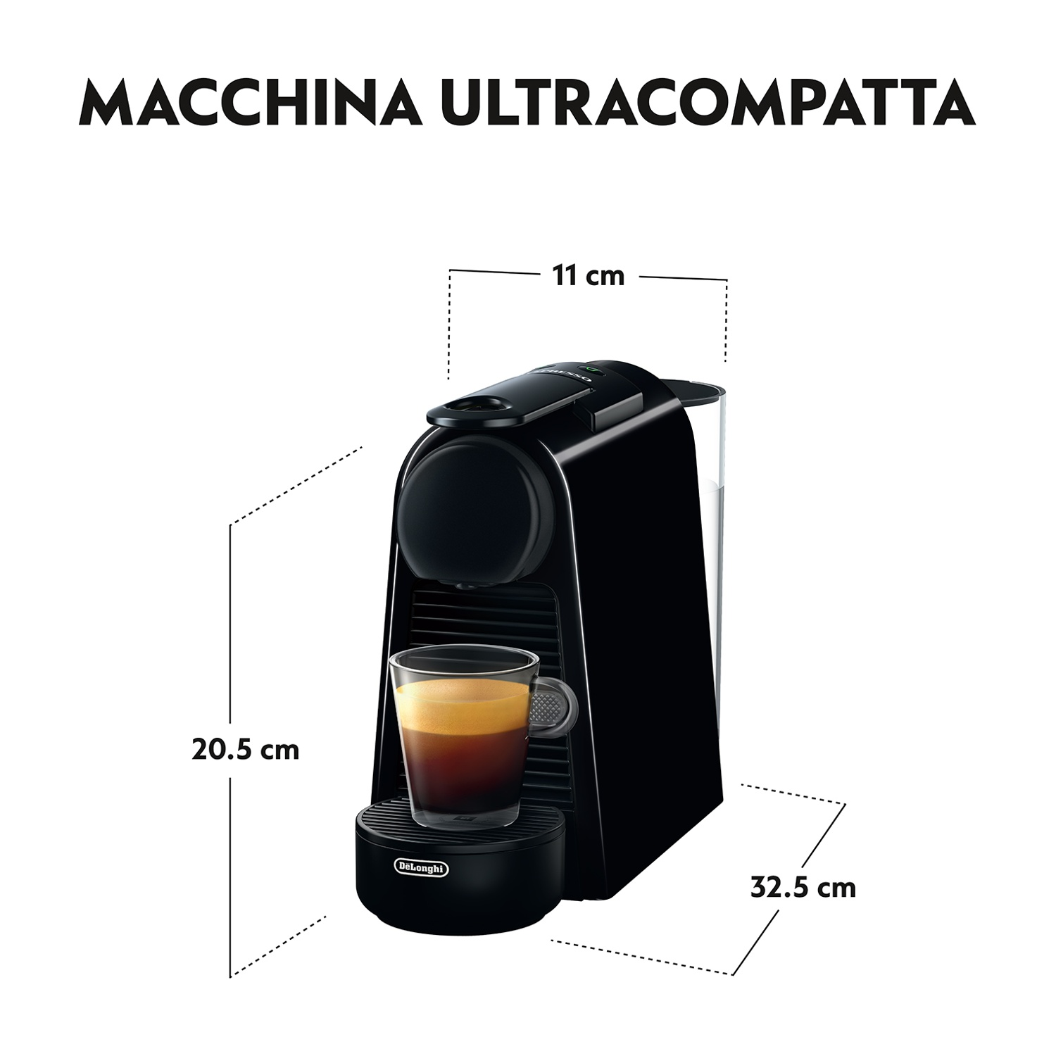 Una macchina da caffè nera con dimensioni.