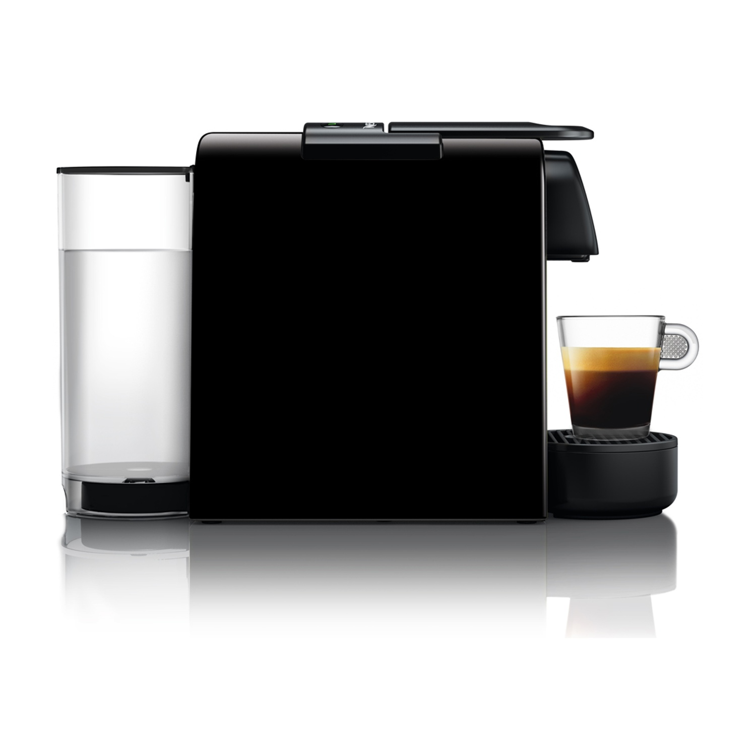 Macchina da caffè nera con serbatoio e tazza di caffè.