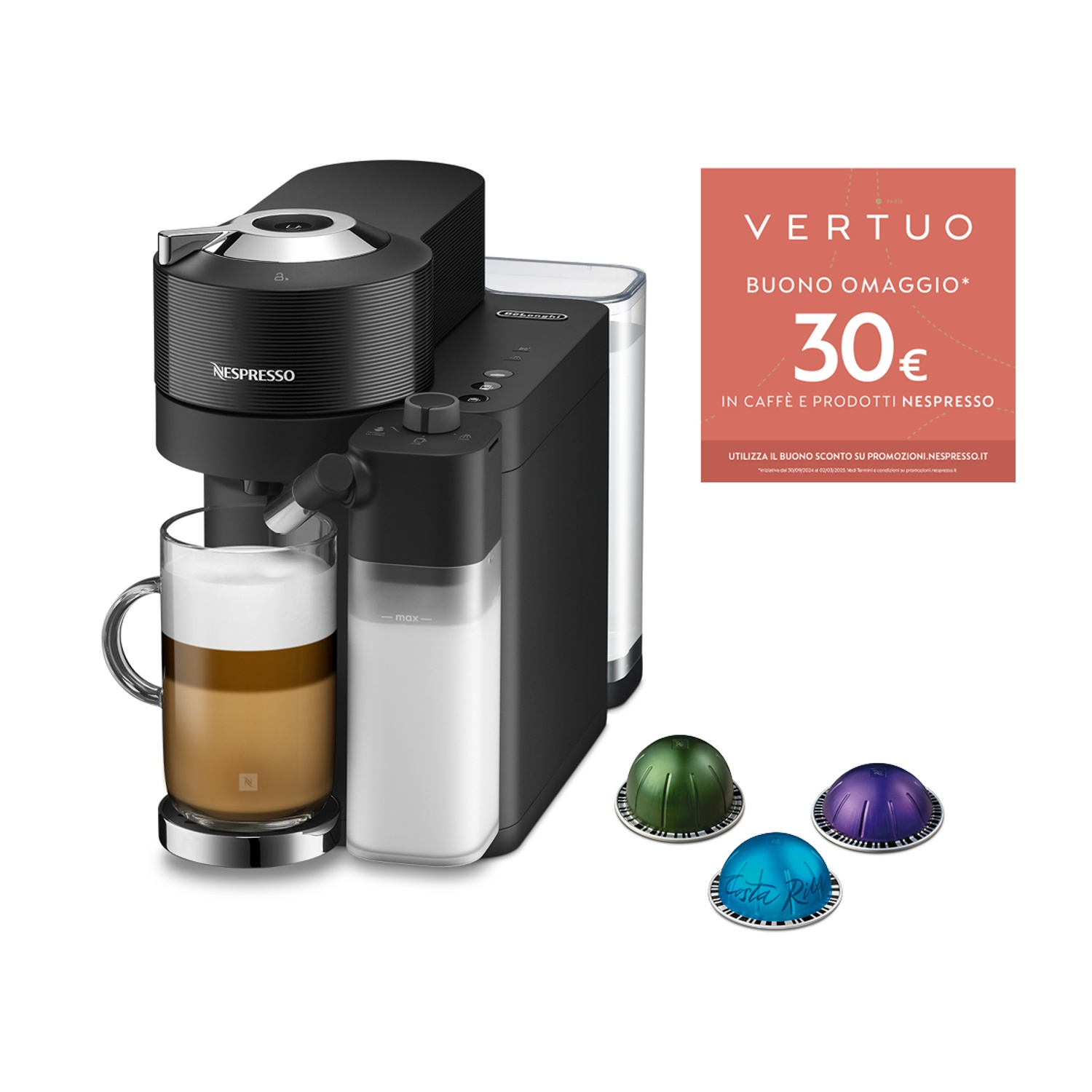 Macchina da caffè nera con contenitore del latte, capsule e coupon.