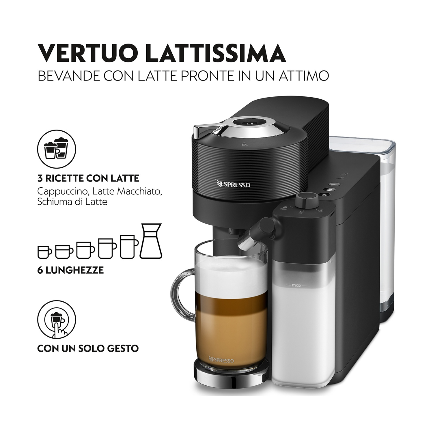 Macchina Nespresso nera con caffè latte, testo a sinistra.