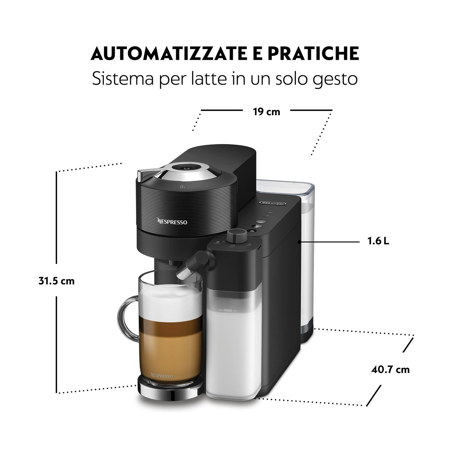 Una macchina da caffè Nespresso nera e argento con montalatte, dimensioni visualizzate.